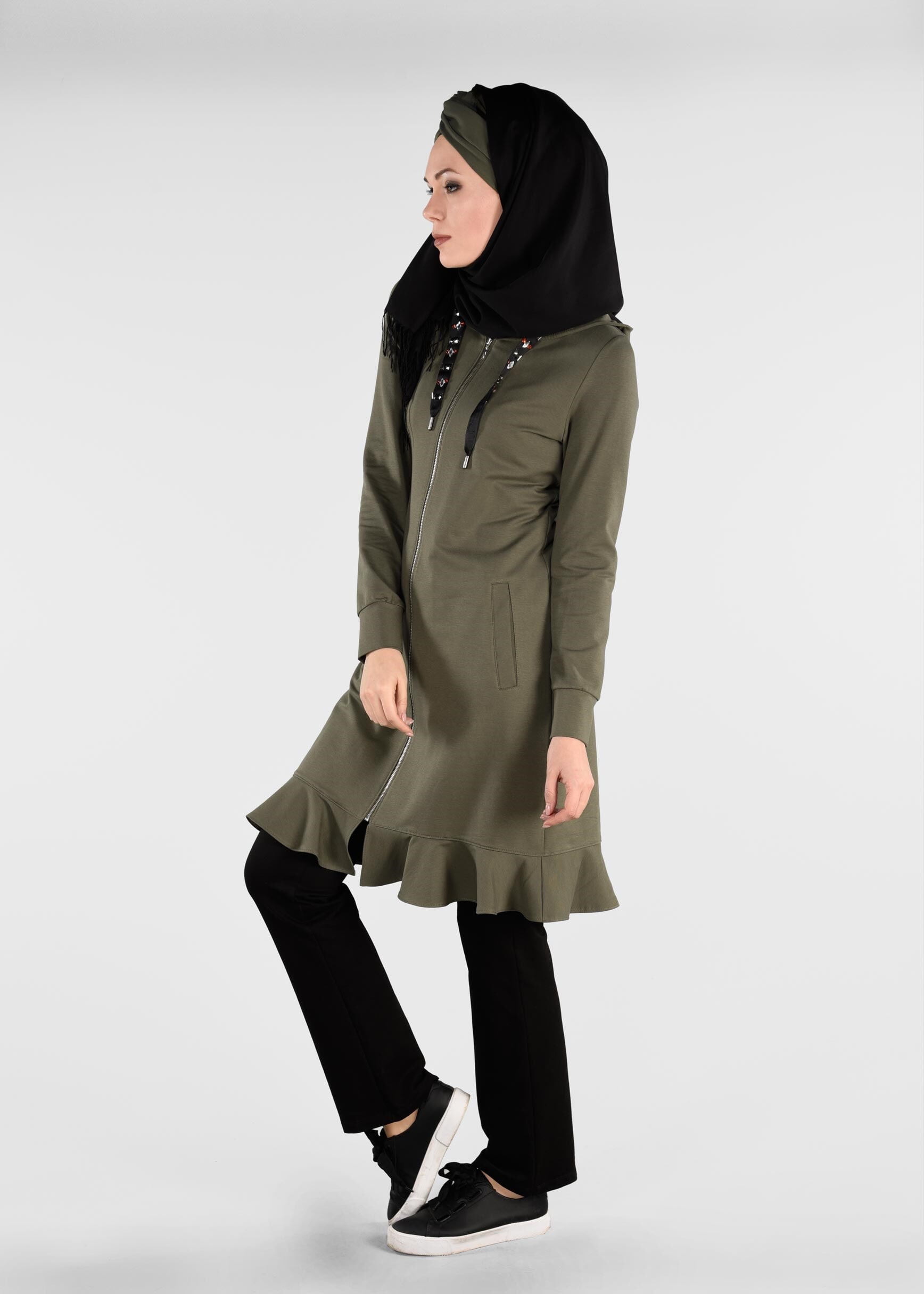 Tesettür giyim HAKİ ETEK UCU VOLANLI 2&prime;Lİ EŞOFMAN TAKIM 4917 