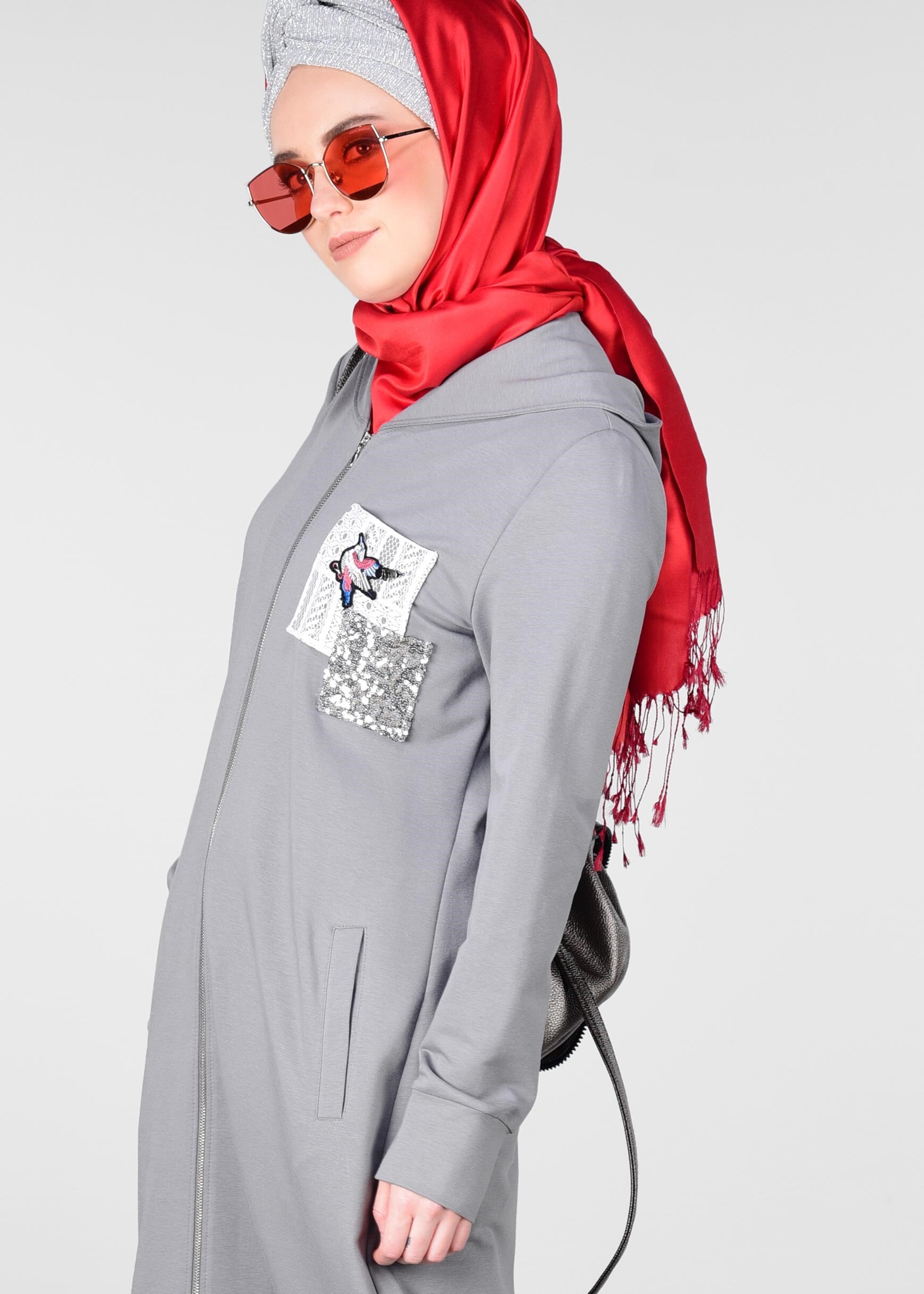 Tesettür giyim GRİ ARMALI FERMUARLI EŞOFMAN TUNİK 4918