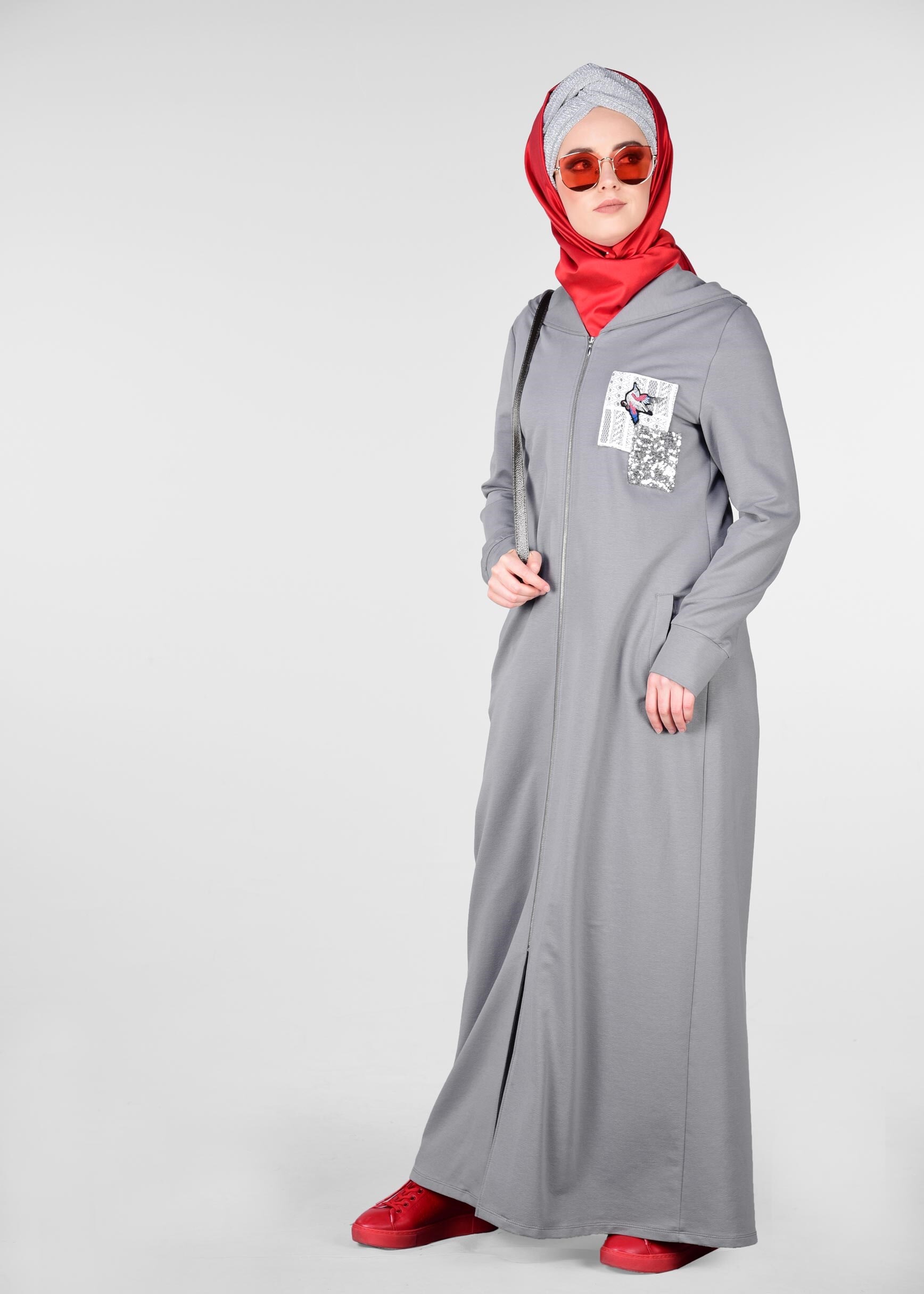 Tesettür giyim GRİ ARMALI FERMUARLI EŞOFMAN TUNİK 4918