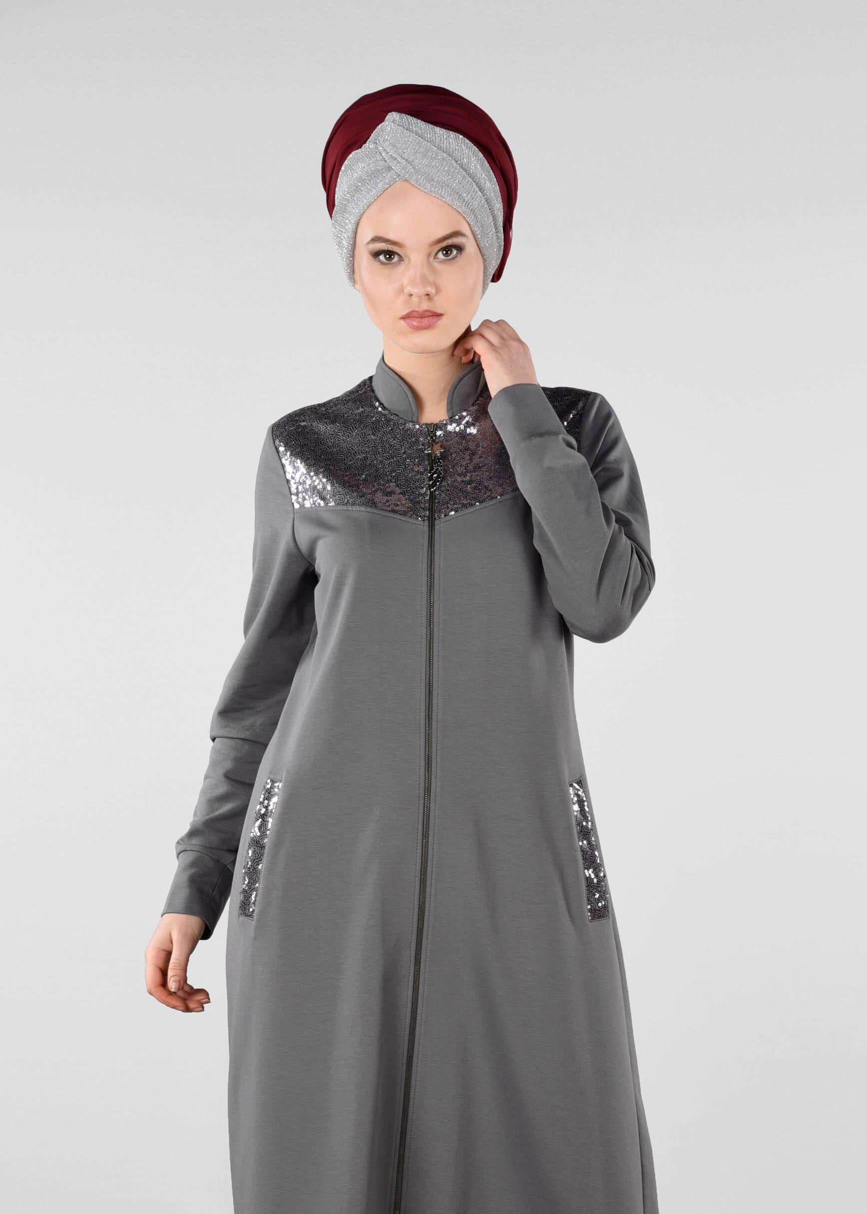 Tesettür giyim GRİ PUL PAYETLİ UZUN EŞOFMAN TUNİK 4931