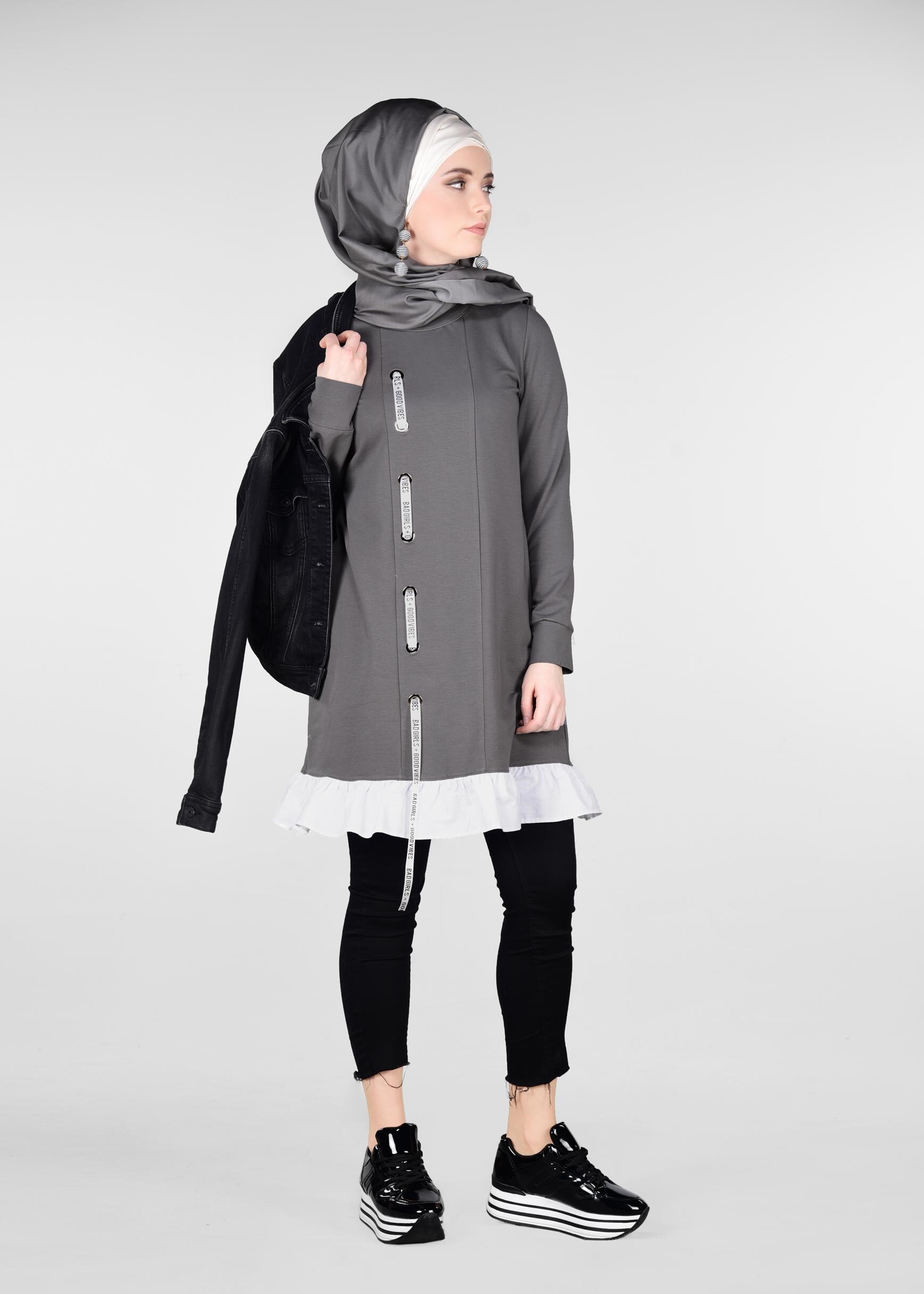 Tesettür giyim GRİ 4939 NEW LERİDA EŞOFMAN TUNİK 36/42 TEK38