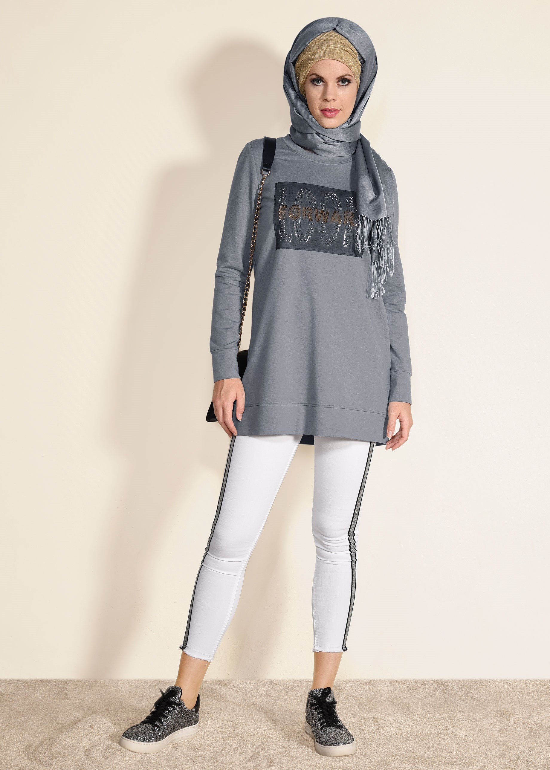 Tesettür giyim GRİ 4940 NEW LERİDA EŞOFMAN TUNİK 36/44 TEK40