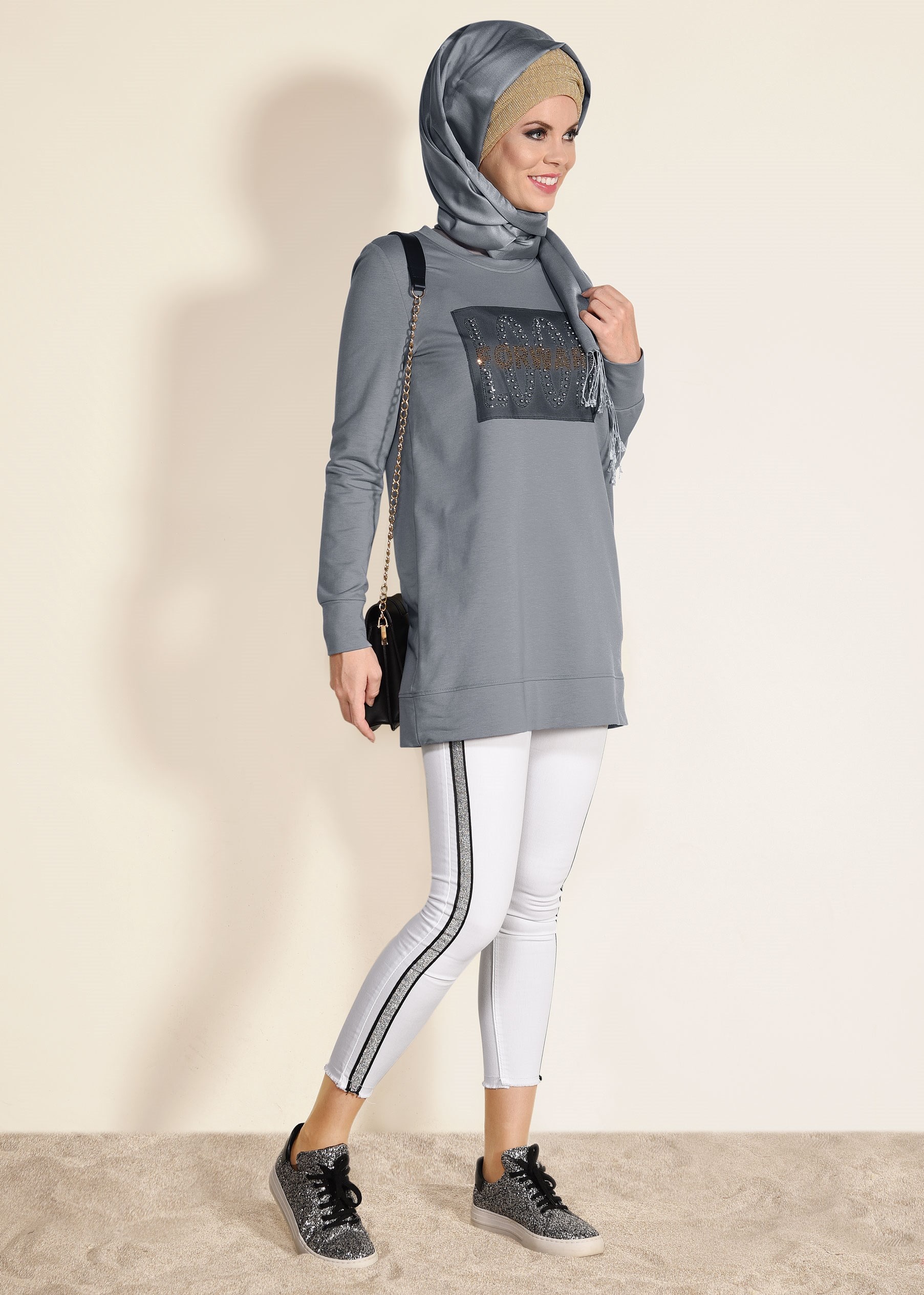 Tesettür giyim GRİ 4940 NEW LERİDA EŞOFMAN TUNİK 36/44 TEK40