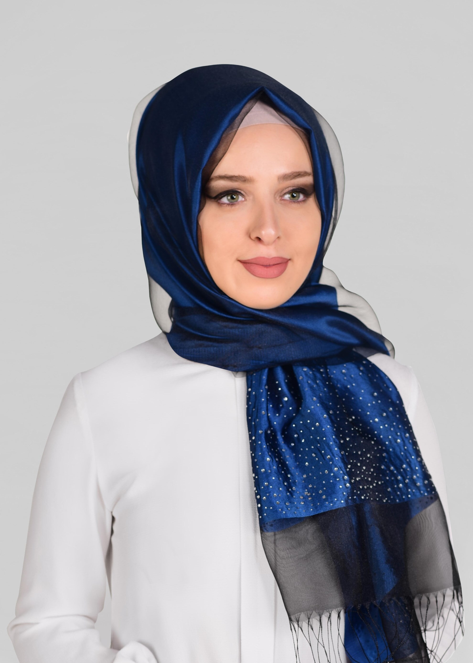 Tesettür giyim LACİVERT 9908 ALVİNA TÜLLÜ TAŞ BASKI ŞAL