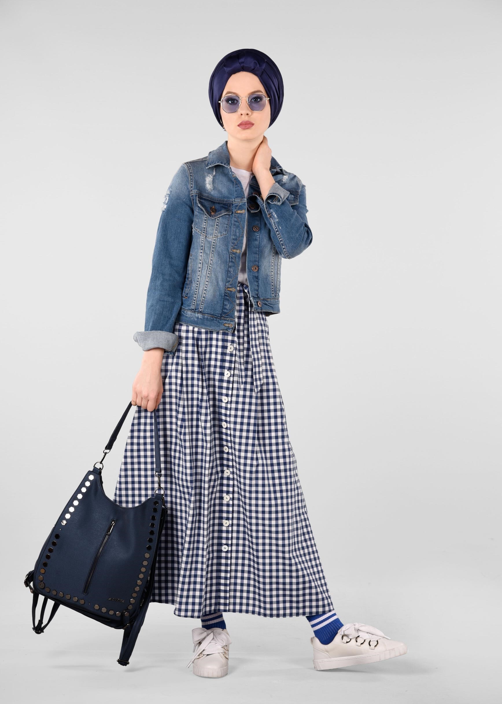 Tesettür giyim LACİVERT BELİ KUŞAKLI EKOSE DESENLİ ETEK 6155