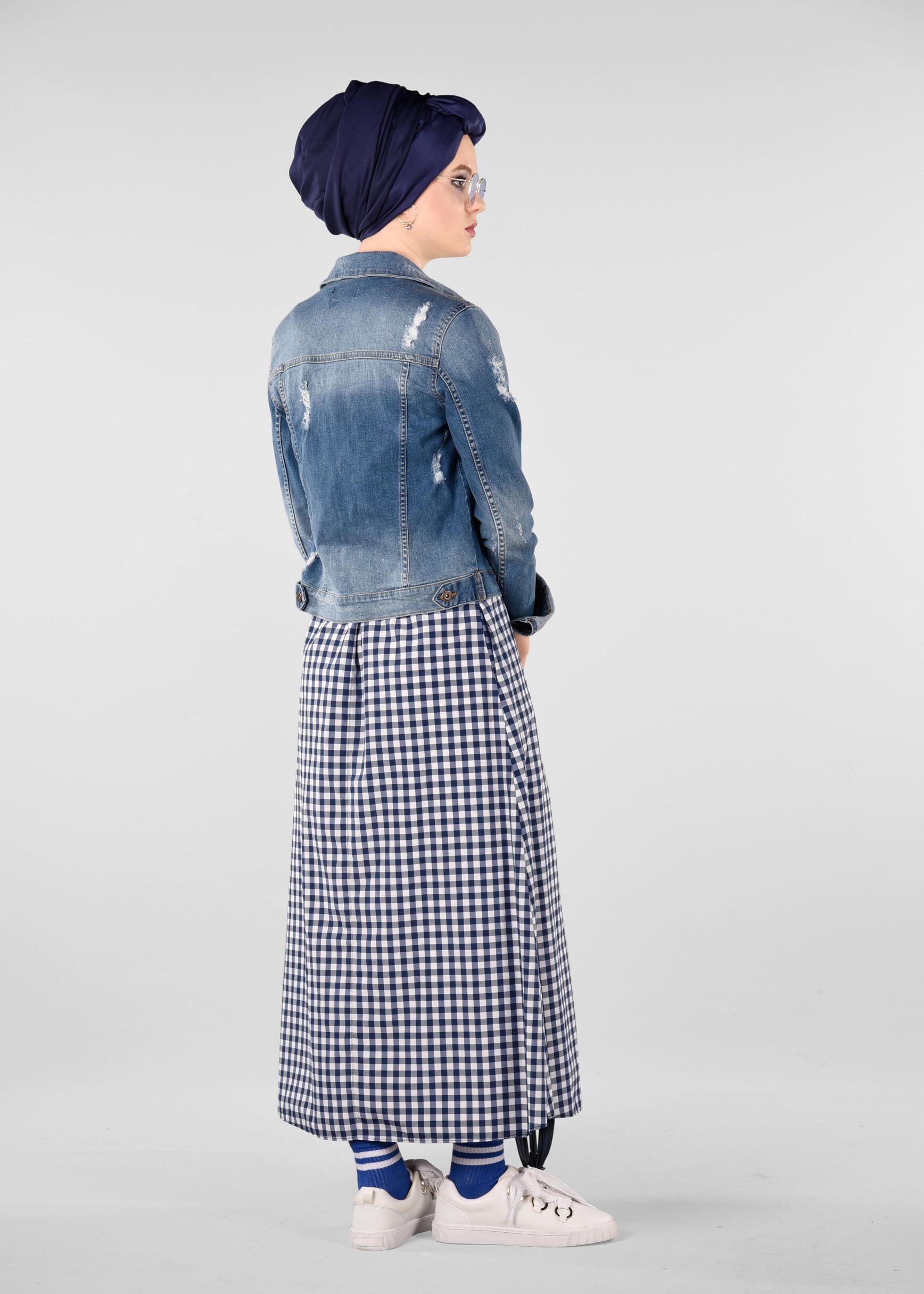 Tesettür giyim LACİVERT BELİ KUŞAKLI EKOSE DESENLİ ETEK 6155