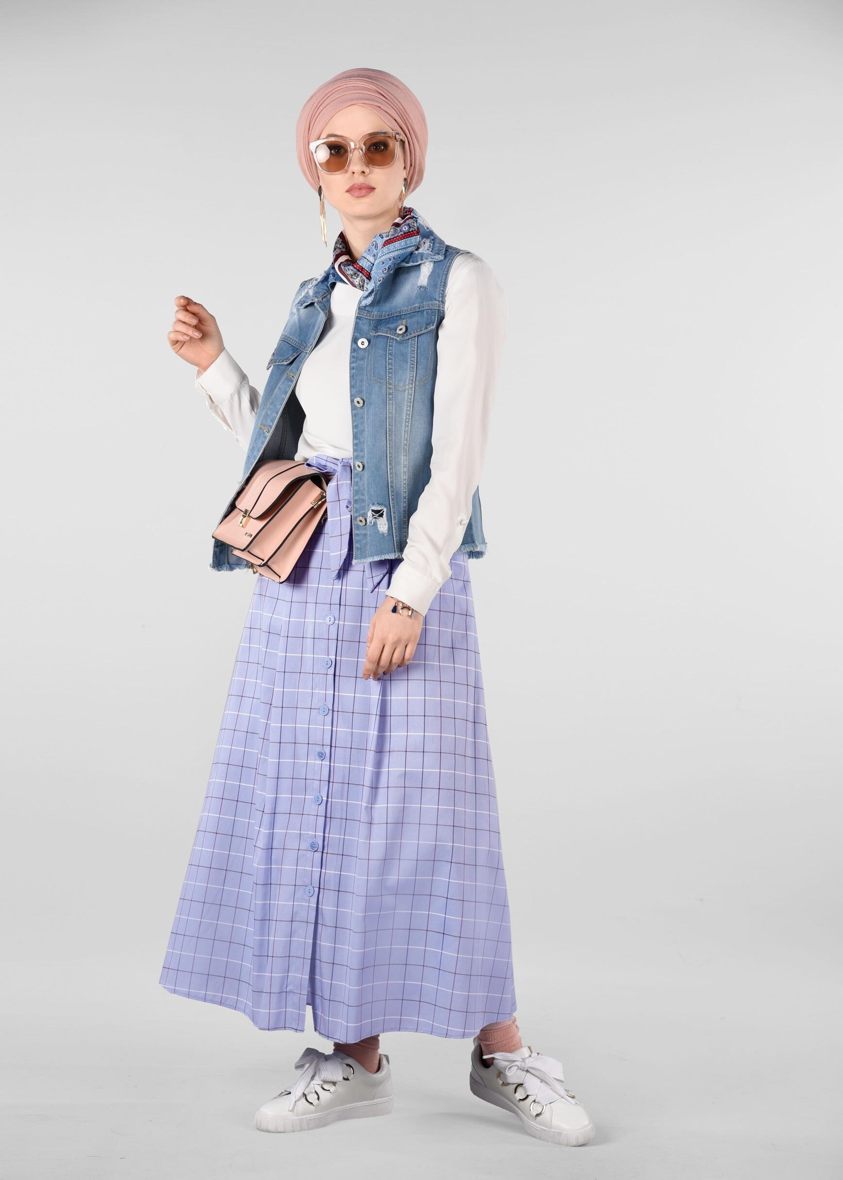 Tesettür giyim MAVİ EKOSE DESENLİ ETEK 6157