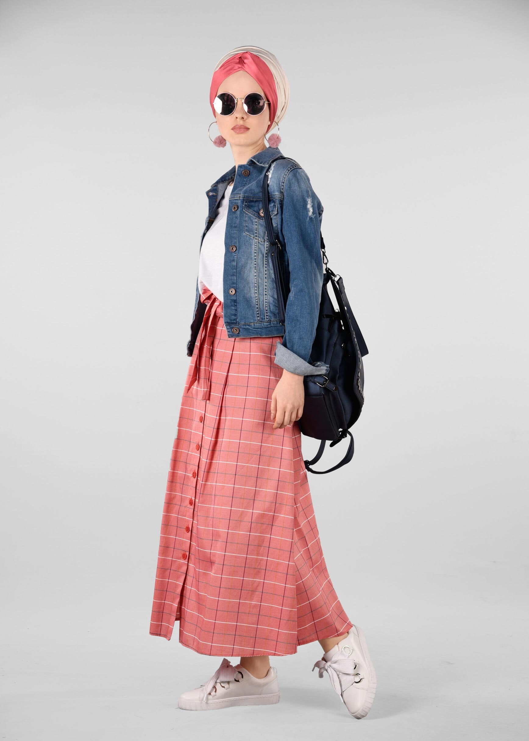 Tesettür giyim KIRMIZI EKOSE DESENLİ ETEK 6157