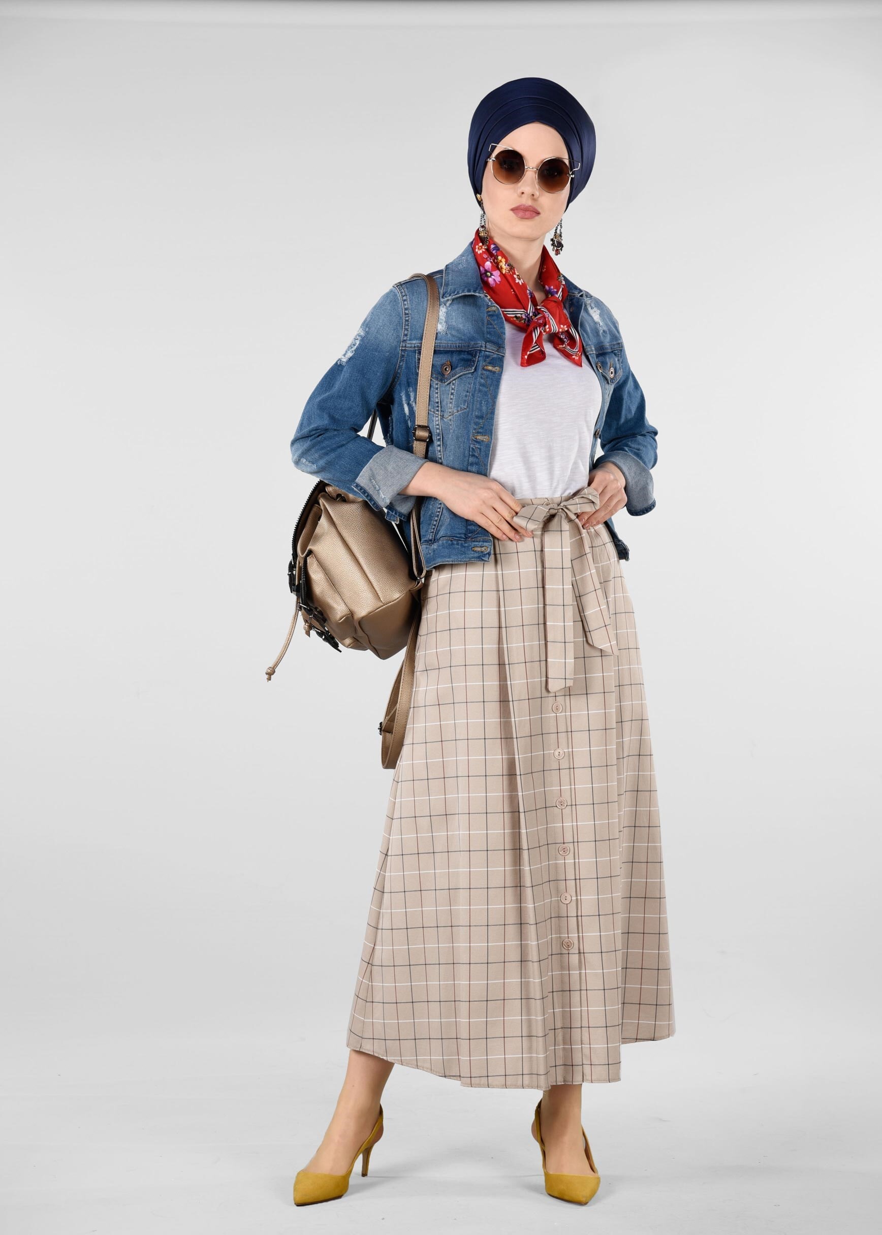 Tesettür giyim KAHVE EKOSE DESENLİ ETEK 6157