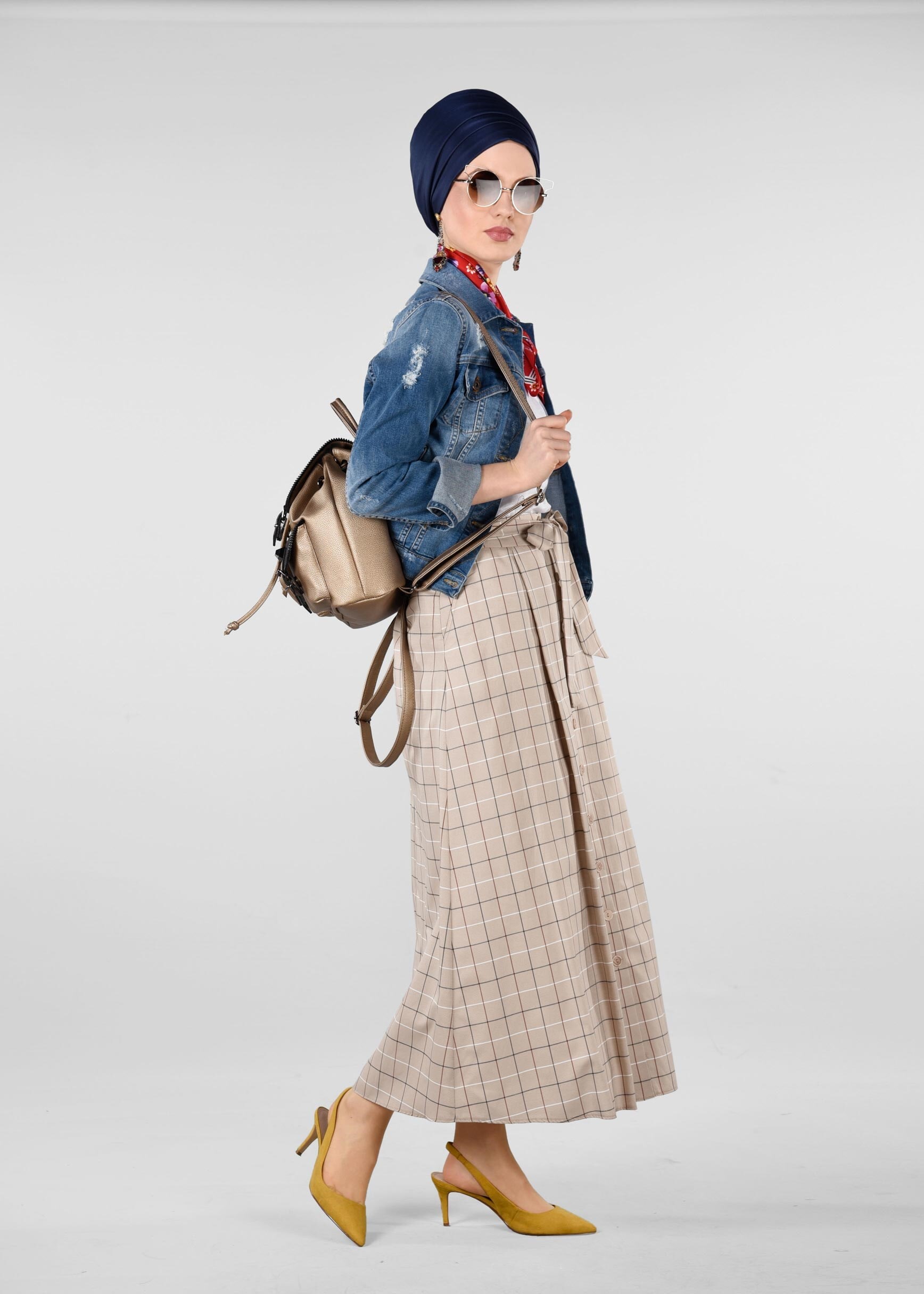 Tesettür giyim KAHVE EKOSE DESENLİ ETEK 6157