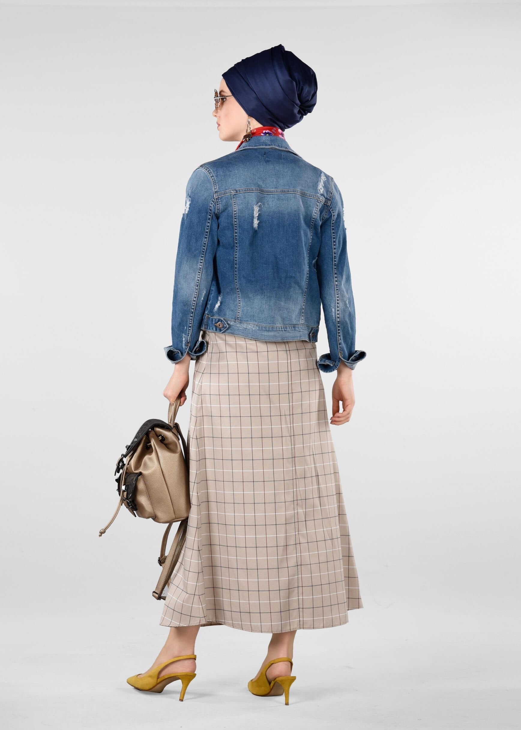 Tesettür giyim KAHVE EKOSE DESENLİ ETEK 6157