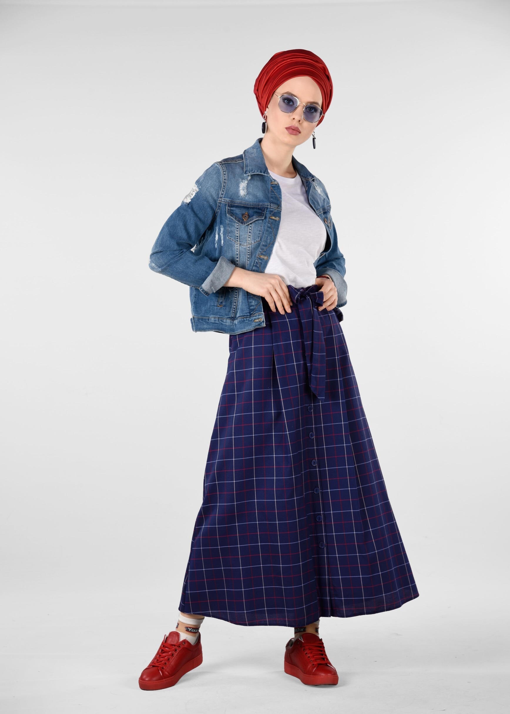 Tesettür giyim LACİVERT EKOSE DESENLİ ETEK 6157