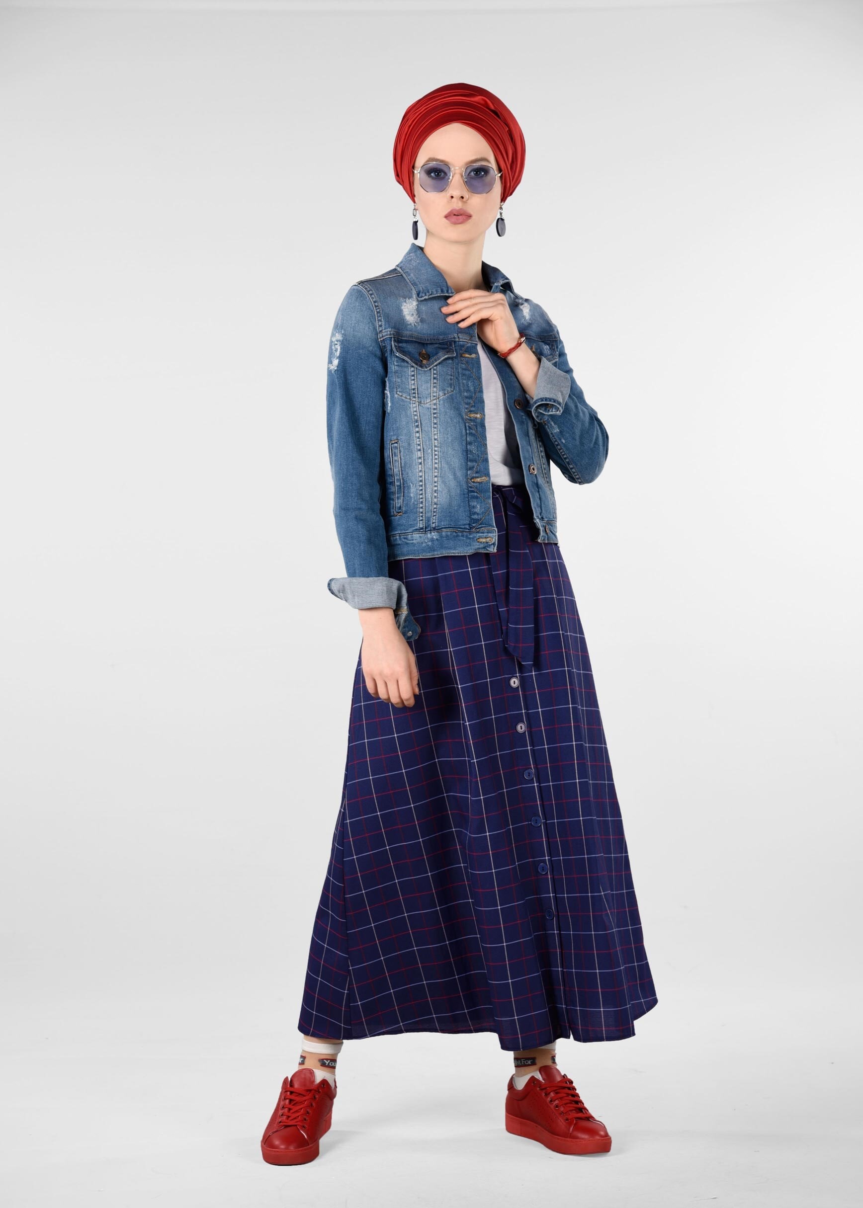 Tesettür giyim LACİVERT EKOSE DESENLİ ETEK 6157