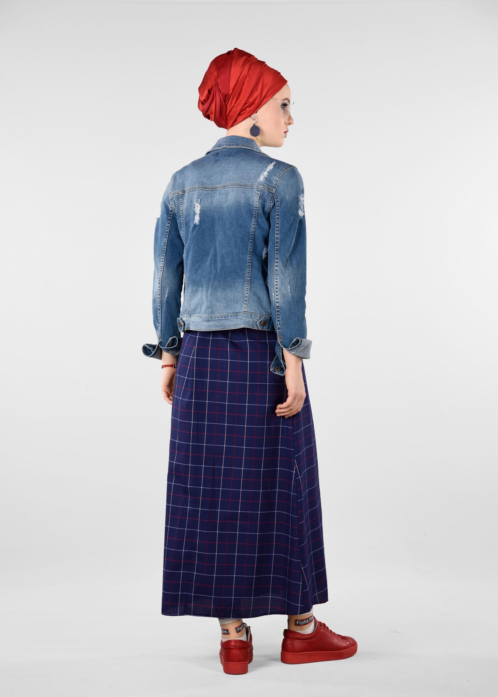 Tesettür giyim LACİVERT EKOSE DESENLİ ETEK 6157