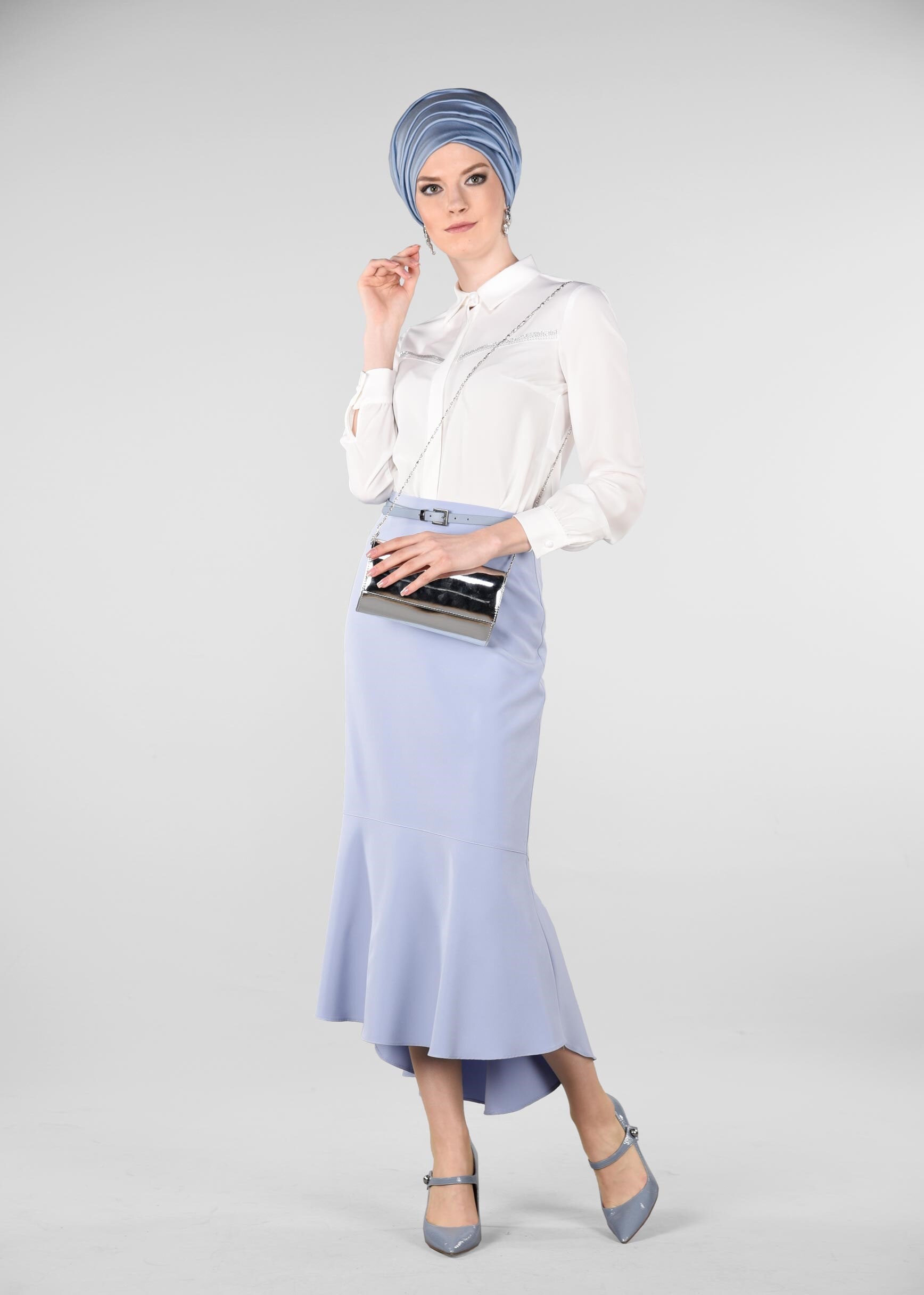 Tesettür giyim MAVİ BALIK MODEL ETEK UCU FIRFIR DETAYLI ETEK 6158