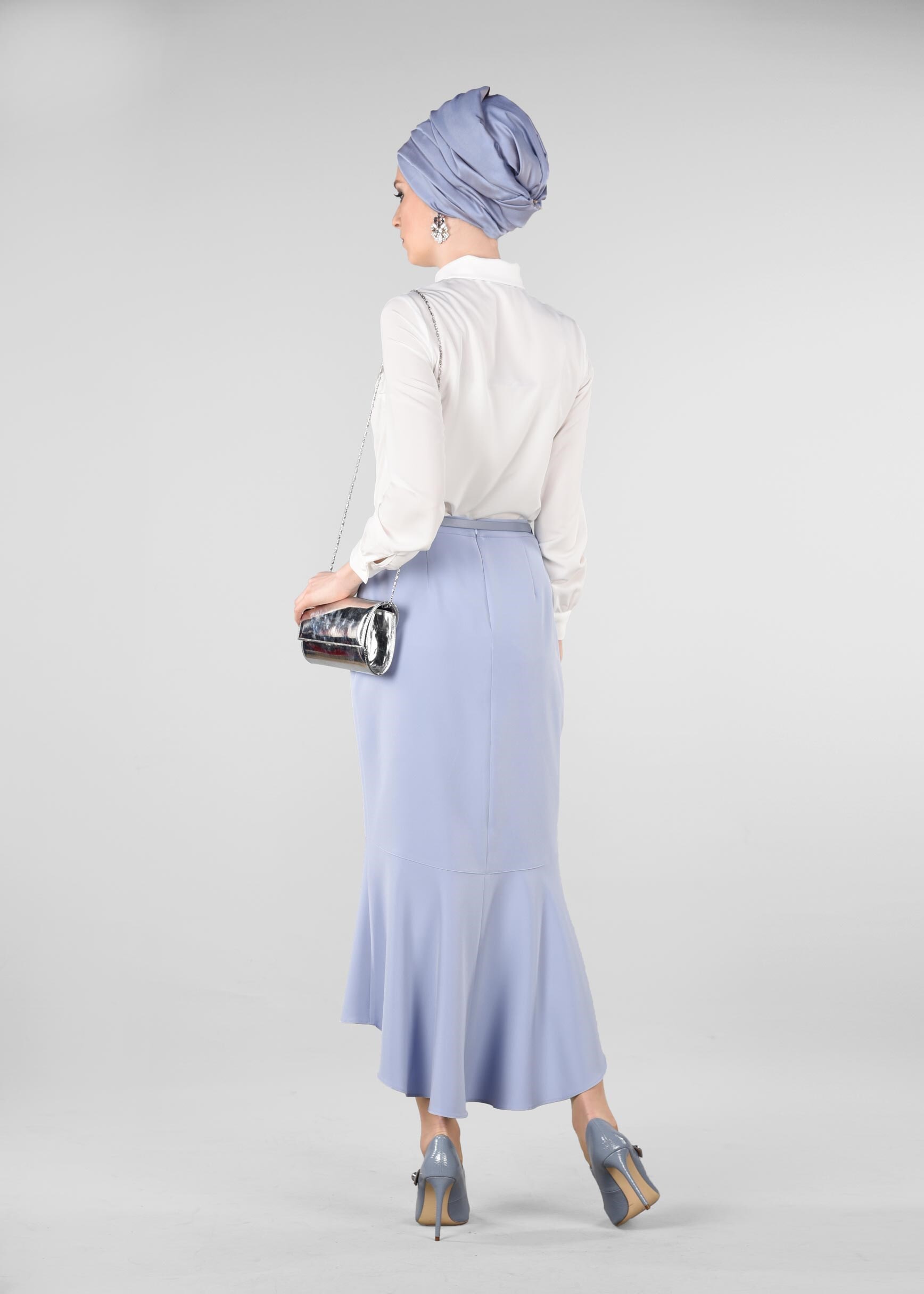 Tesettür giyim MAVİ BALIK MODEL ETEK UCU FIRFIR DETAYLI ETEK 6158