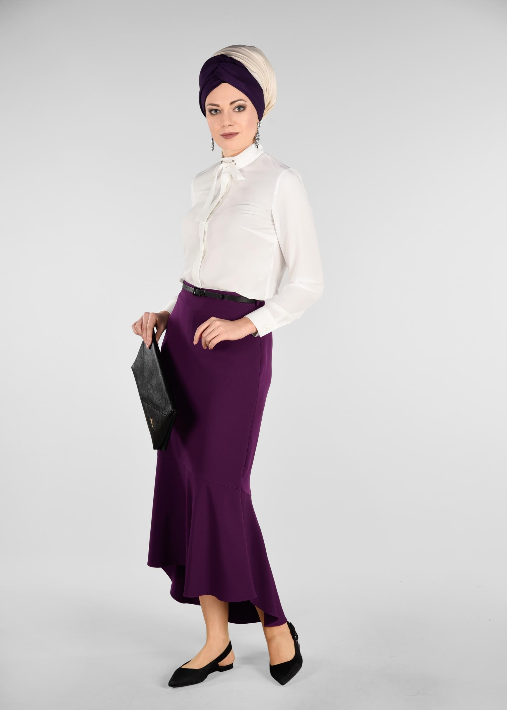 Tesettür giyim MOR BALIK MODEL ETEK UCU FIRFIR DETAYLI ETEK 6158