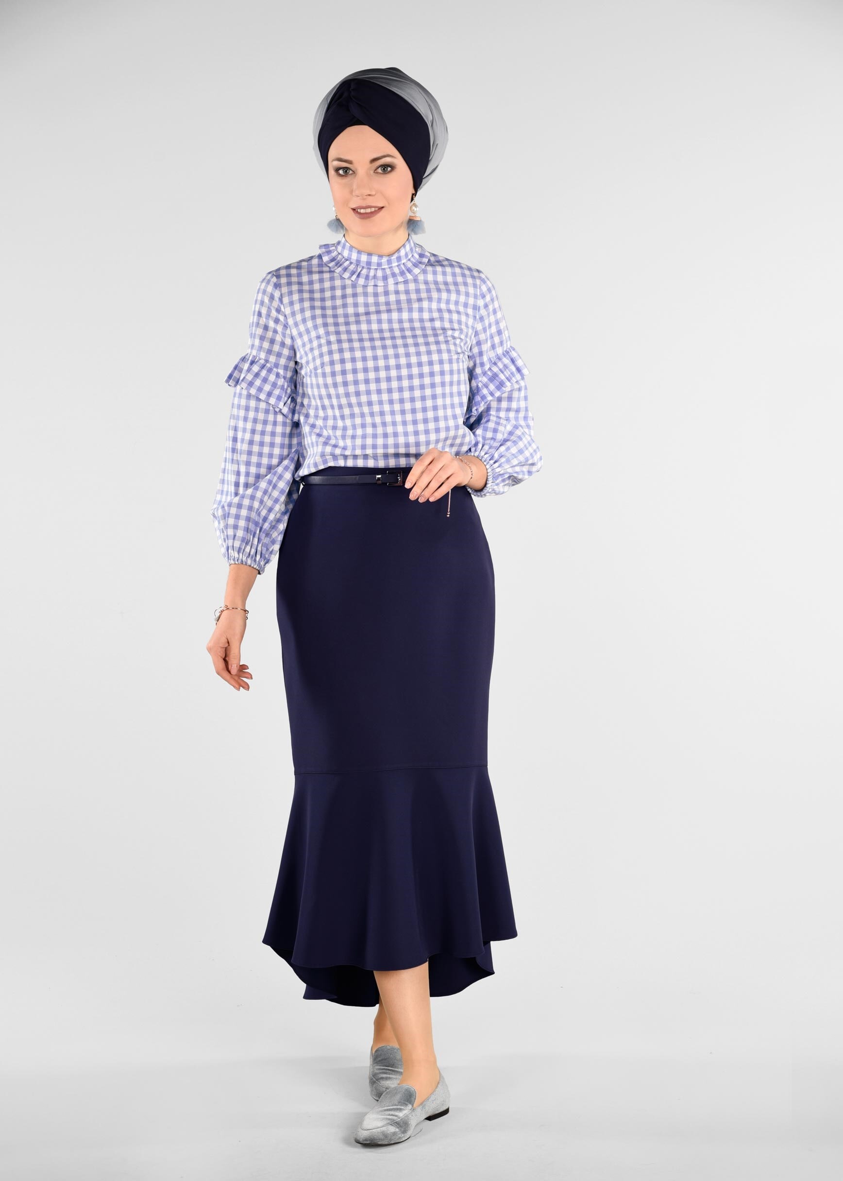 Tesettür giyim LACİVERT BALIK MODEL ETEK UCU FIRFIR DETAYLI ETEK 6158