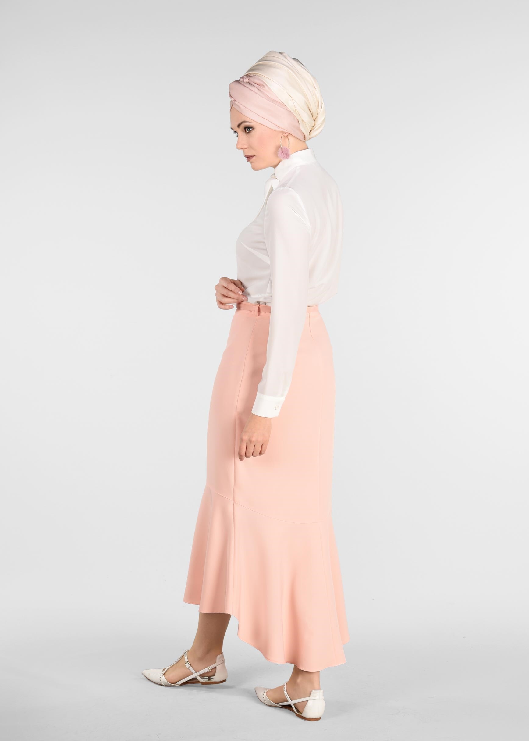 Tesettür giyim PUDRA BALIK MODEL ETEK UCU FIRFIR DETAYLI ETEK 6158