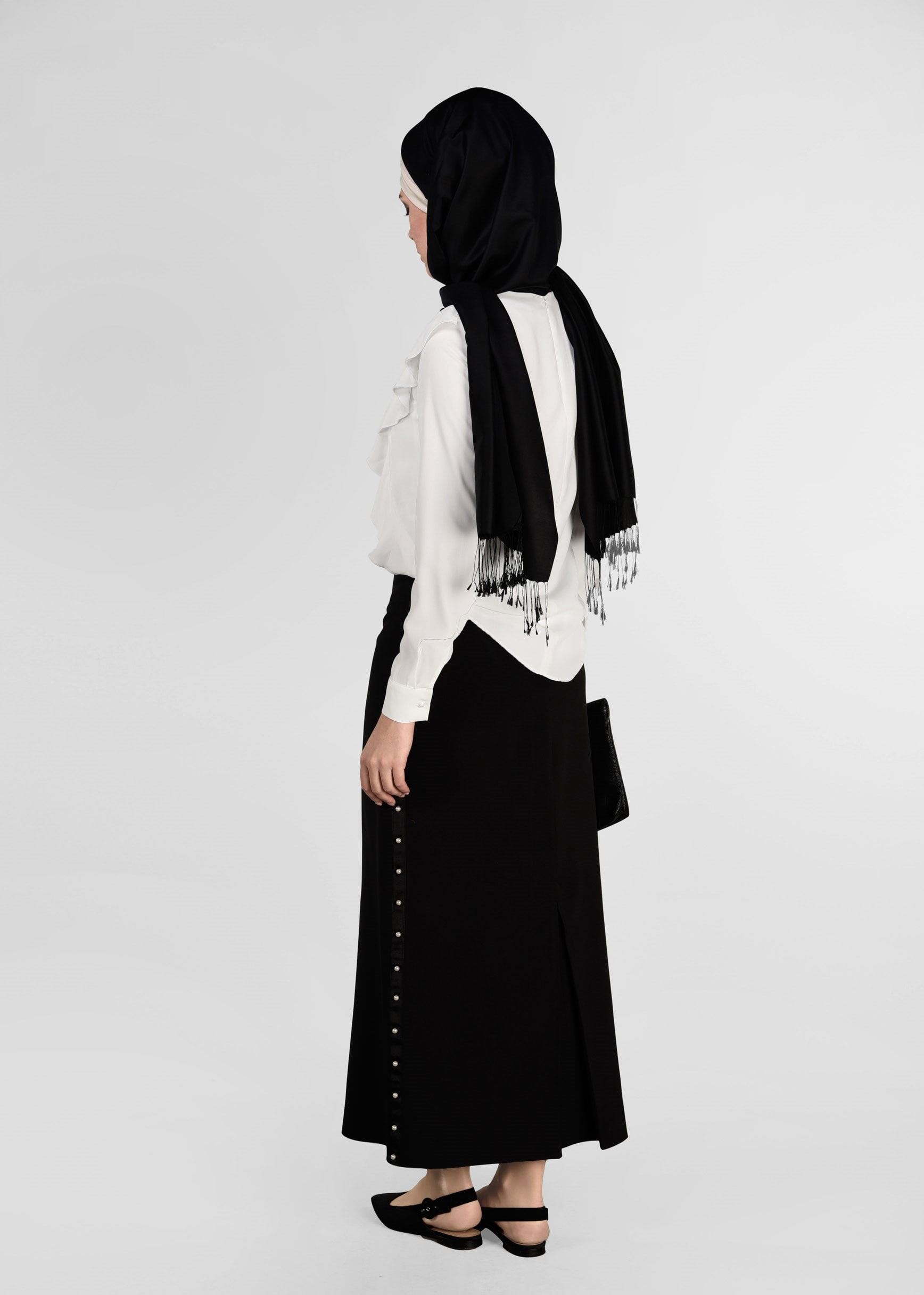 Tesettür giyim SİYAH İNCİ İŞLEMELİ ETEK 6159