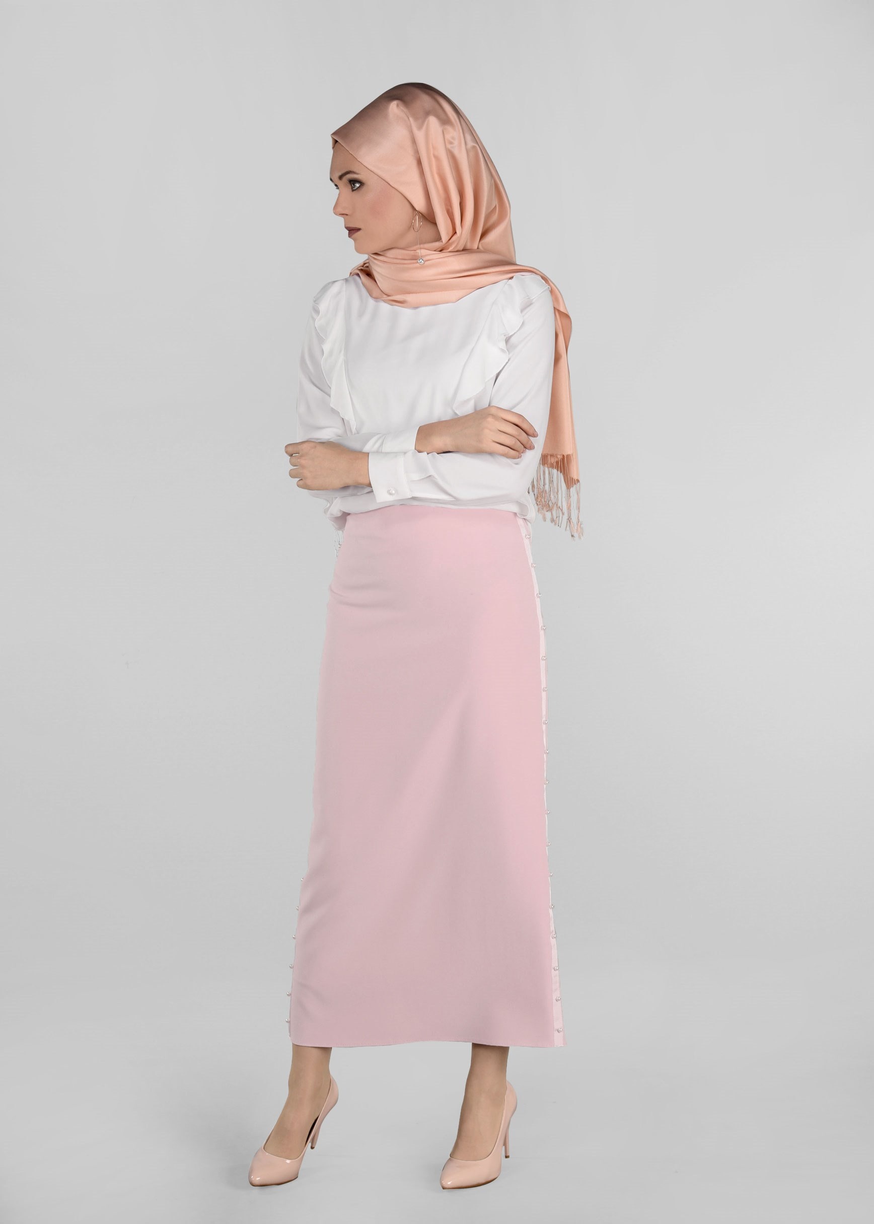 Tesettür giyim PUDRA İNCİ İŞLEMELİ ETEK 6159