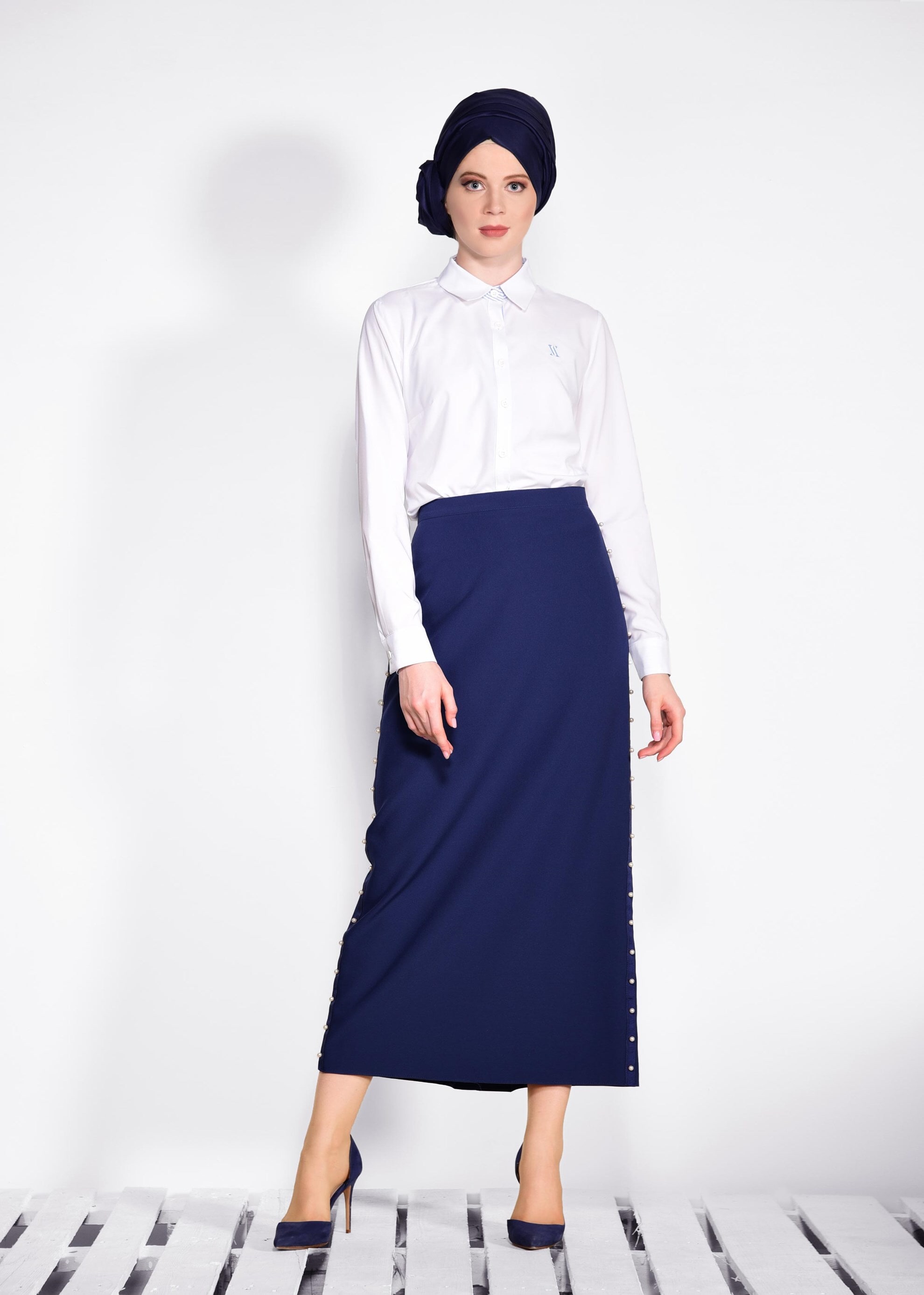 Tesettür giyim LACİVERT İNCİ İŞLEMELİ ETEK 6159