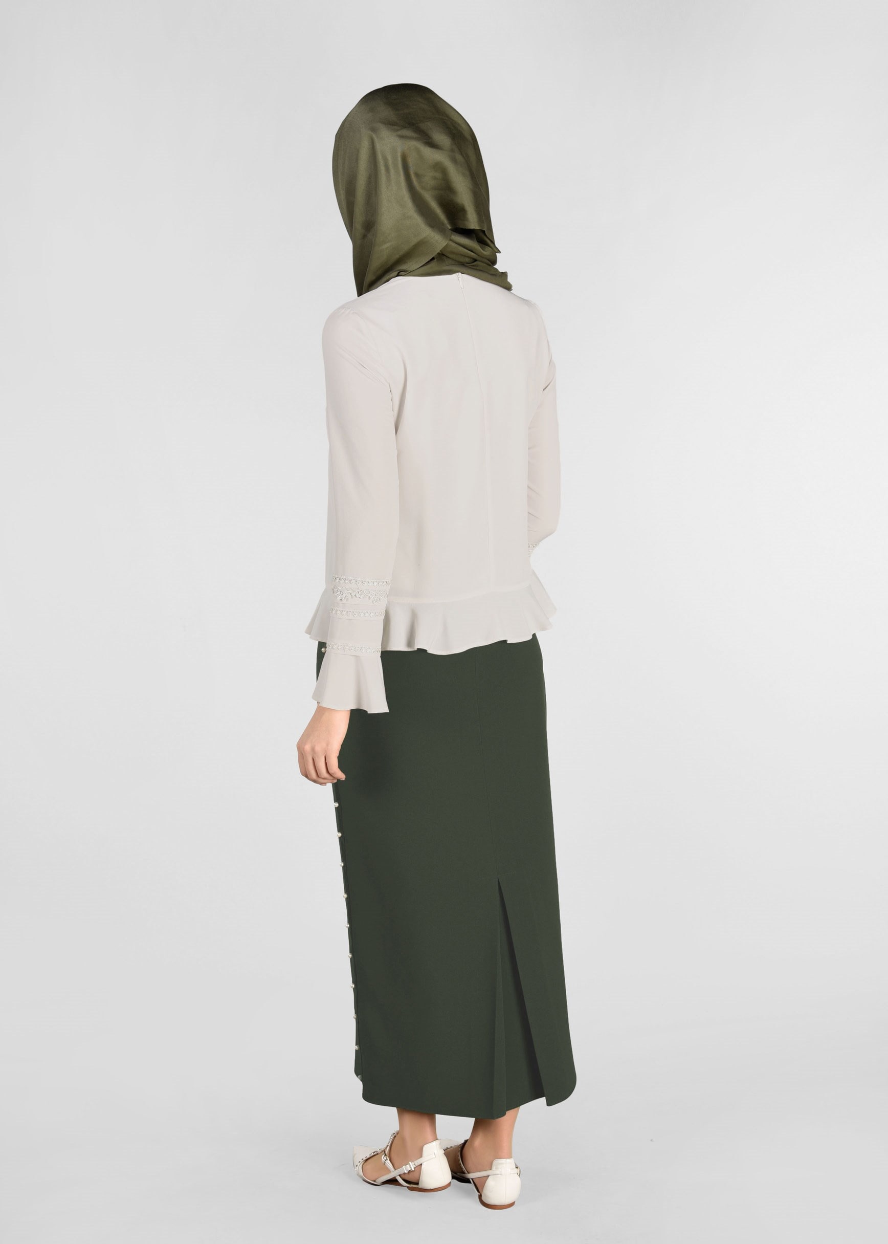 Tesettür giyim HAKİ İNCİ İŞLEMELİ ETEK 6159