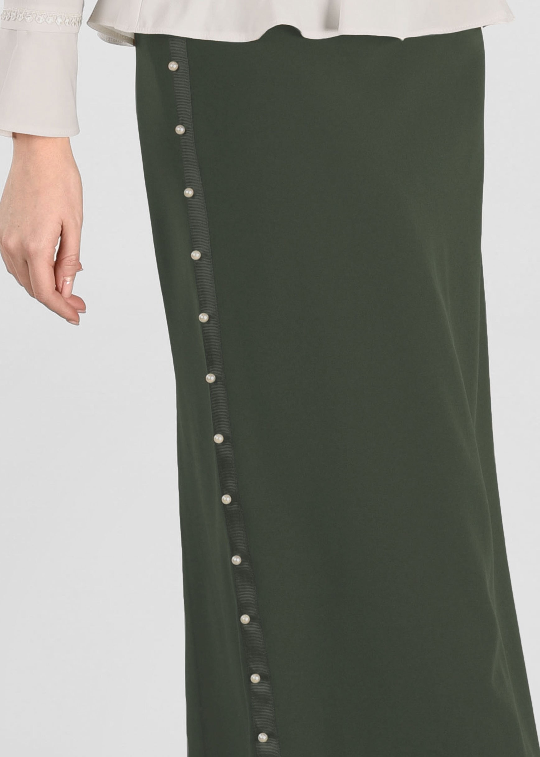 Tesettür giyim HAKİ İNCİ İŞLEMELİ ETEK 6159