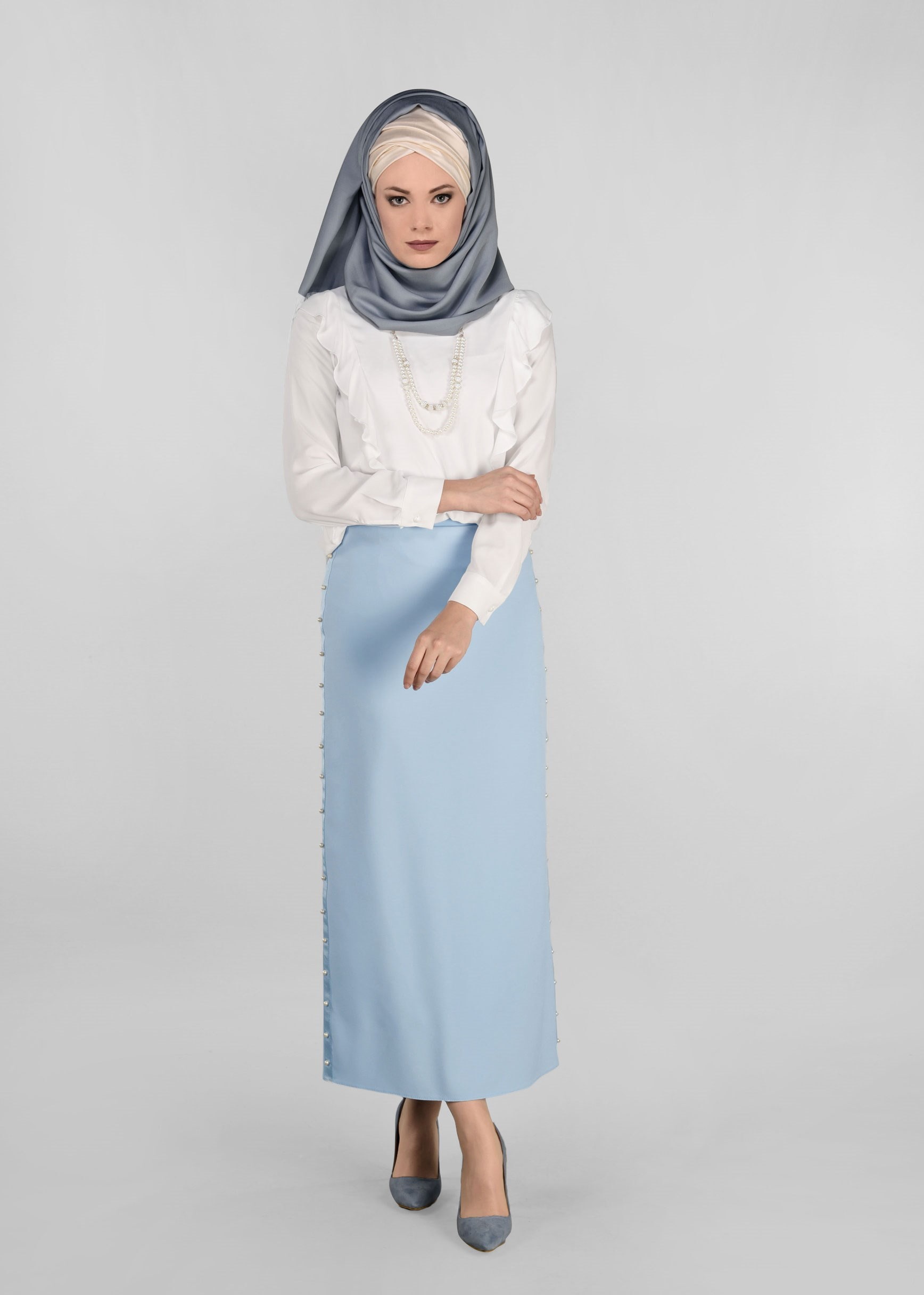 Tesettür giyim MAVİ İNCİ İŞLEMELİ ETEK 6159