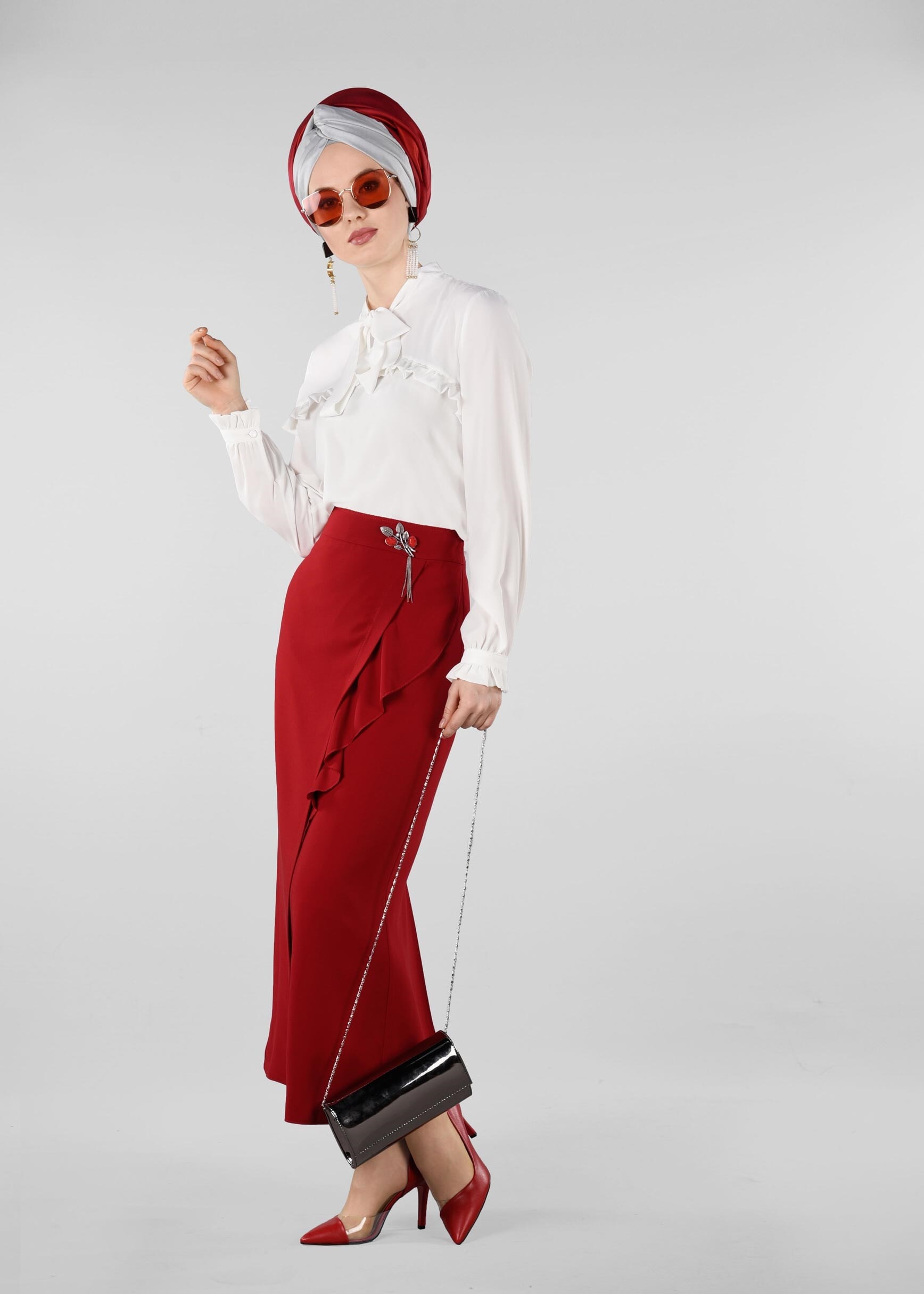 Tesettür giyim KIRMIZI ÖN KISMI FIRFIRLI ETEK 6161