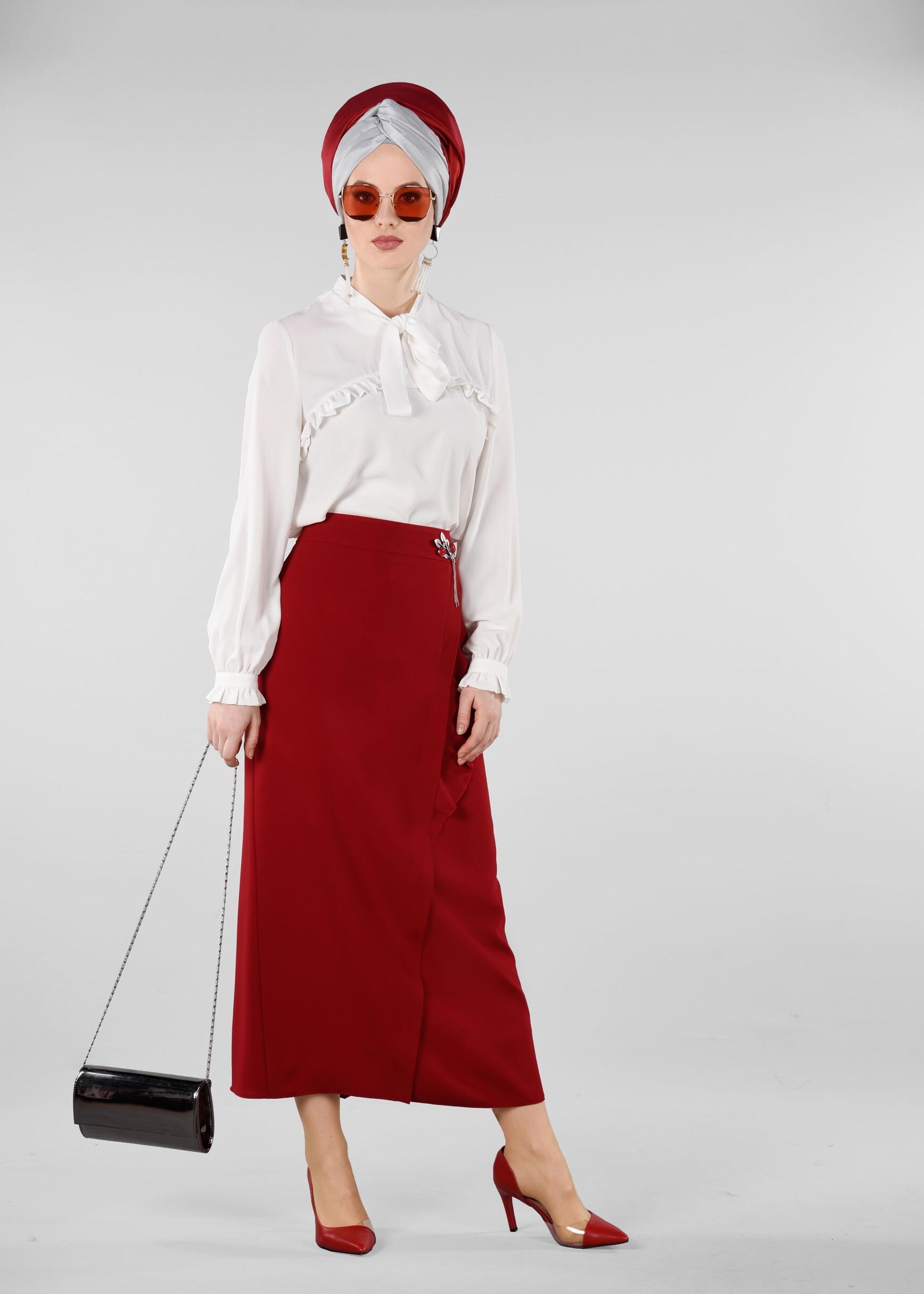 Tesettür giyim KIRMIZI ÖN KISMI FIRFIRLI ETEK 6161