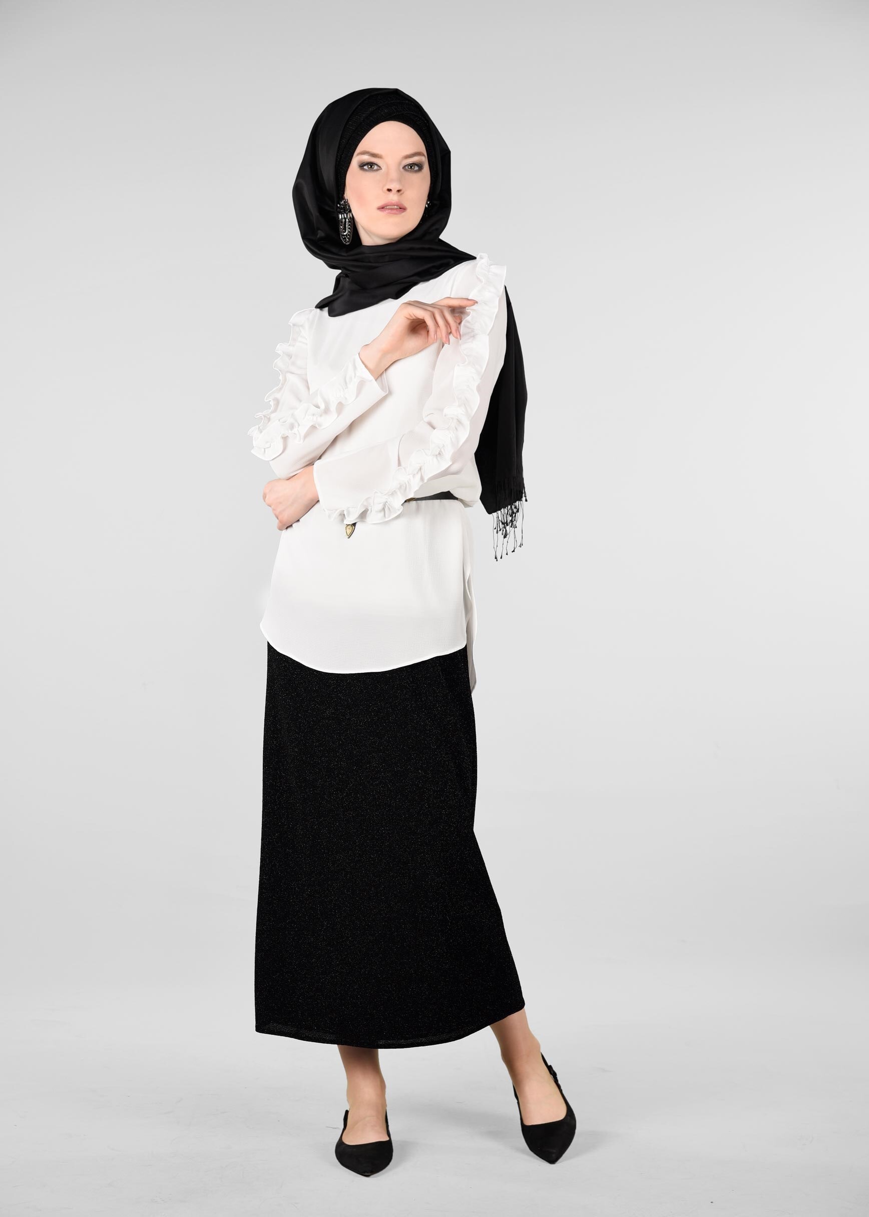 Tesettür giyim SİYAH BELİ LASTİKLİ SİMLİ ETEK 6162