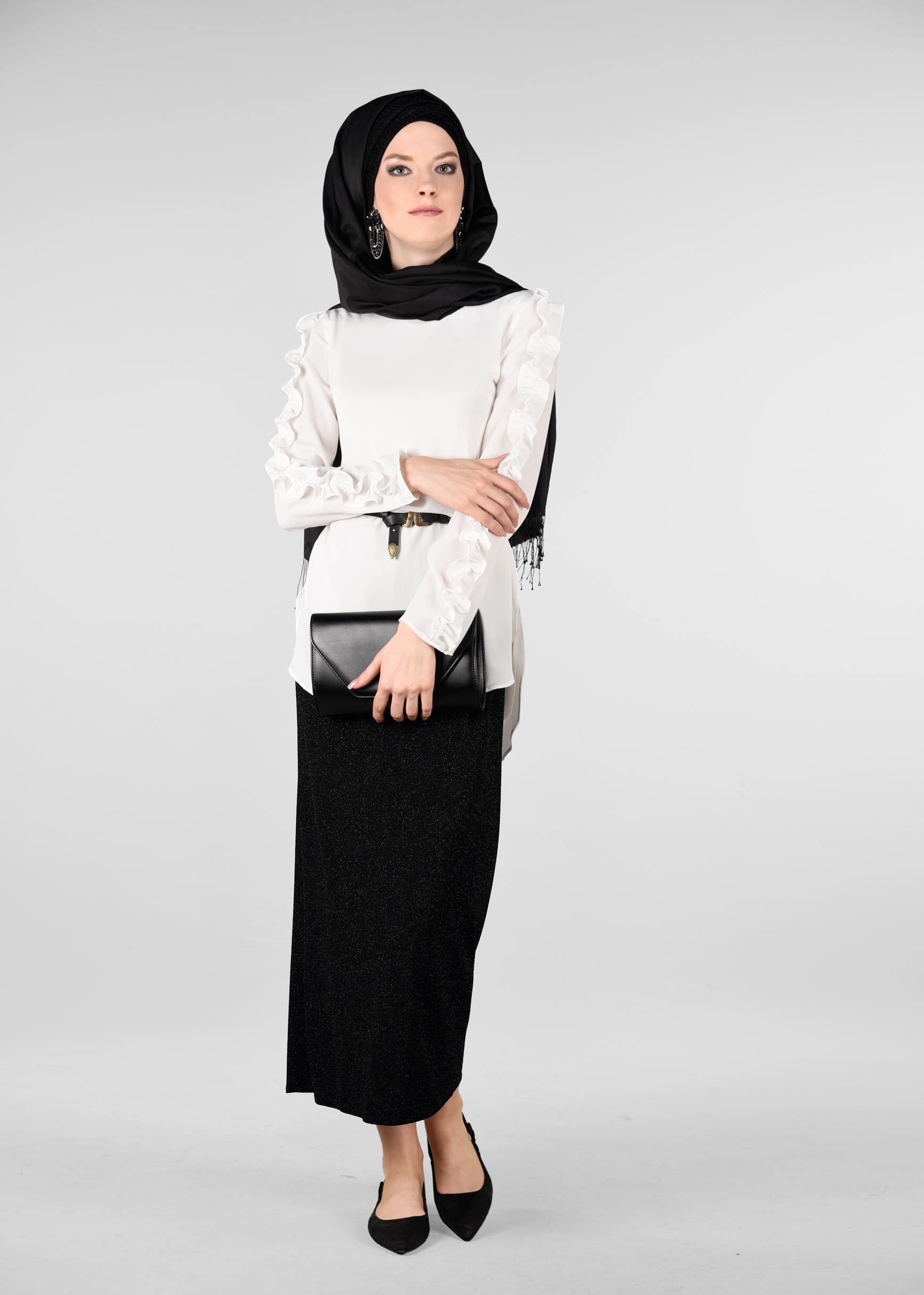 Tesettür giyim SİYAH BELİ LASTİKLİ SİMLİ ETEK 6162