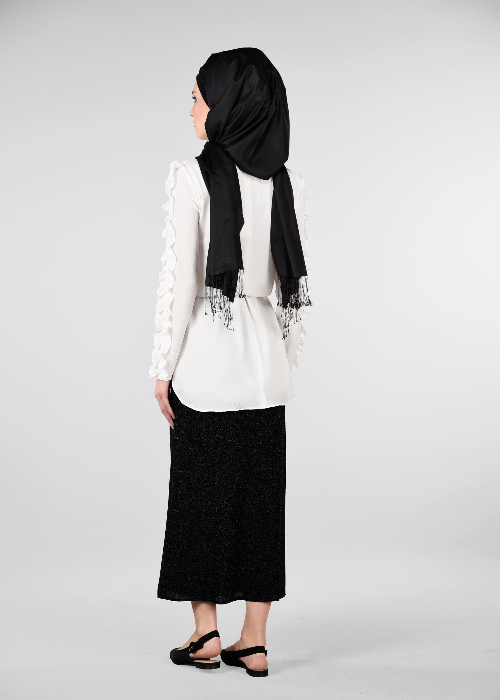 Tesettür giyim SİYAH BELİ LASTİKLİ SİMLİ ETEK 6162