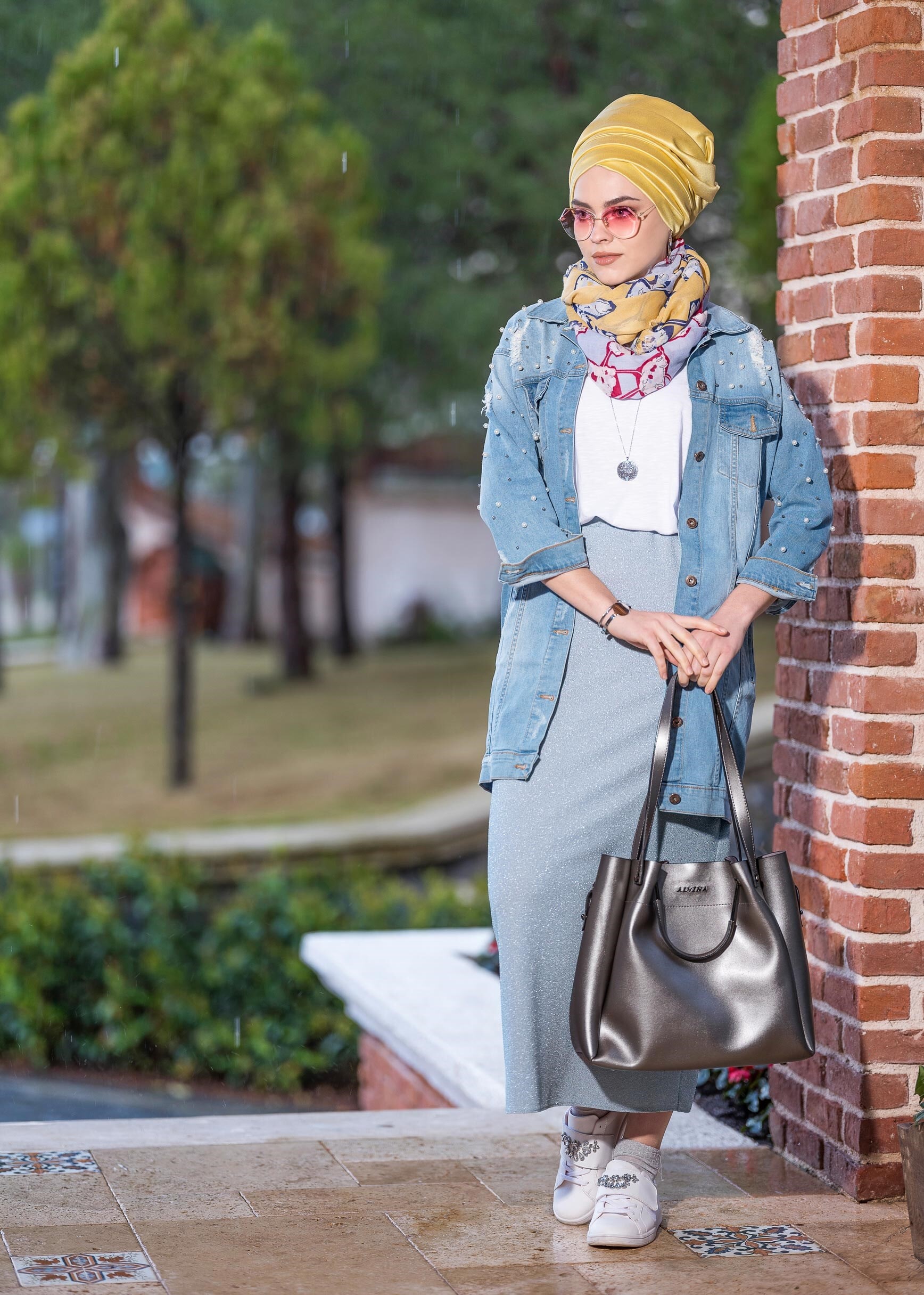 Tesettür giyim MAVİ BELİ LASTİKLİ SİMLİ ETEK 6162