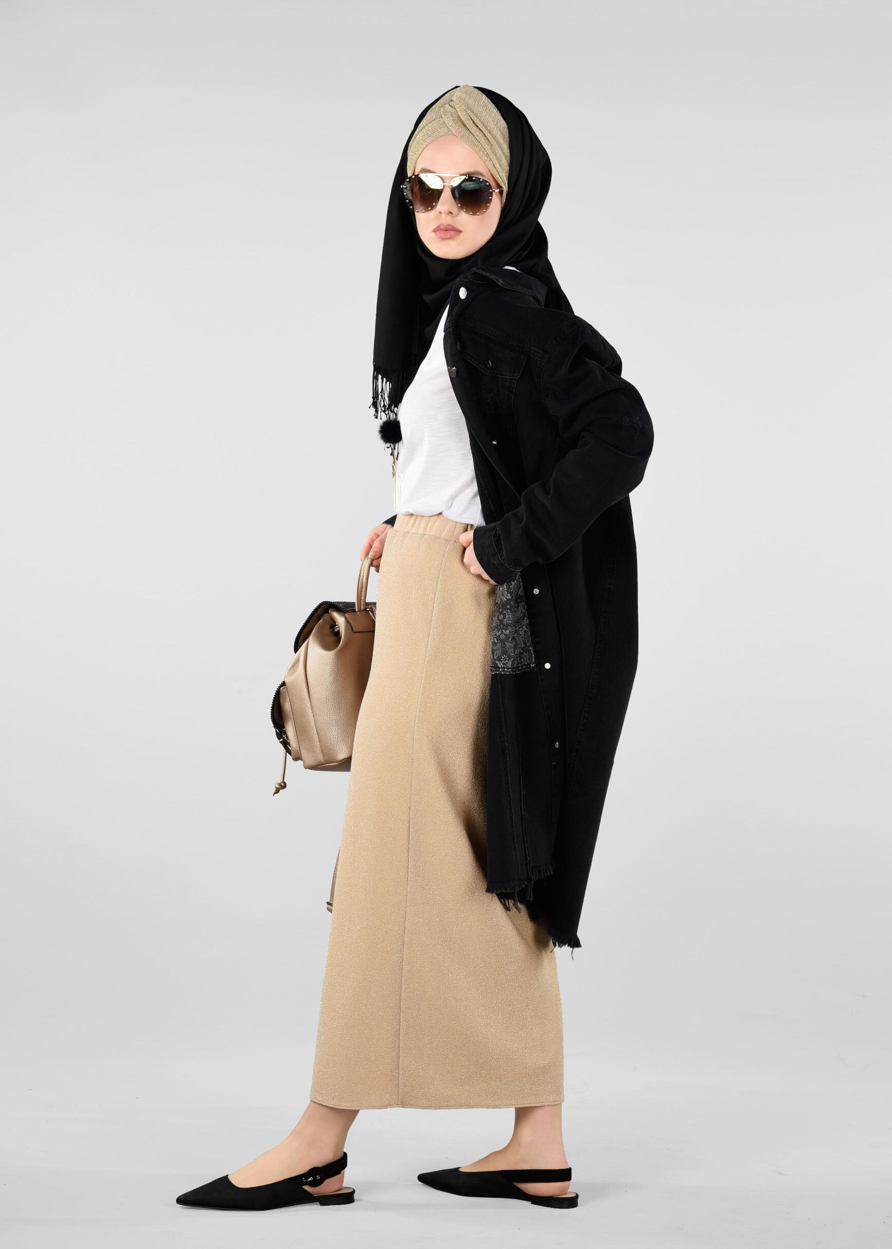 Tesettür giyim ALTIN BELİ LASTİKLİ SİMLİ ETEK 6162