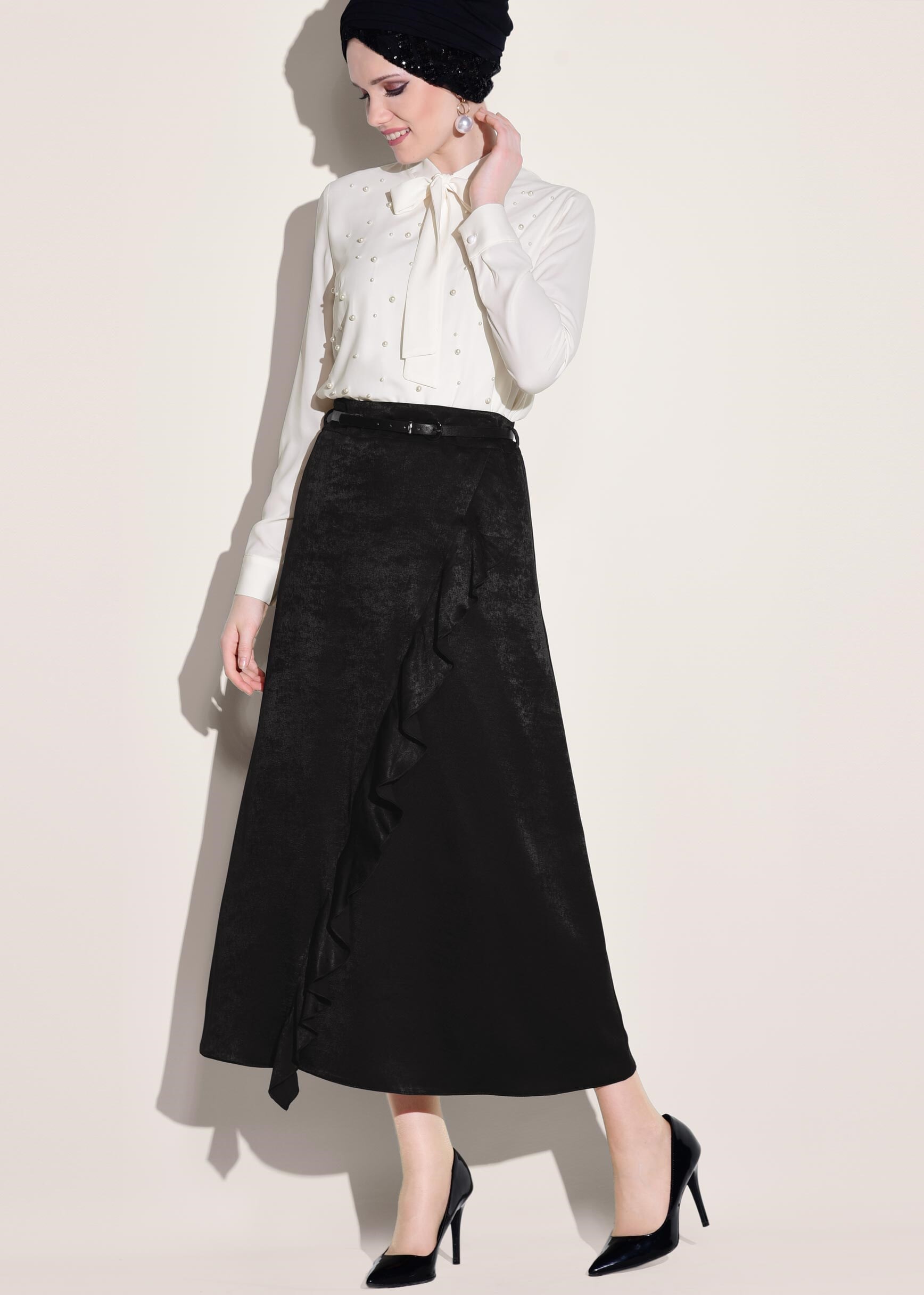 Tesettür giyim SİYAH FIRFIRLI ETEK 6164