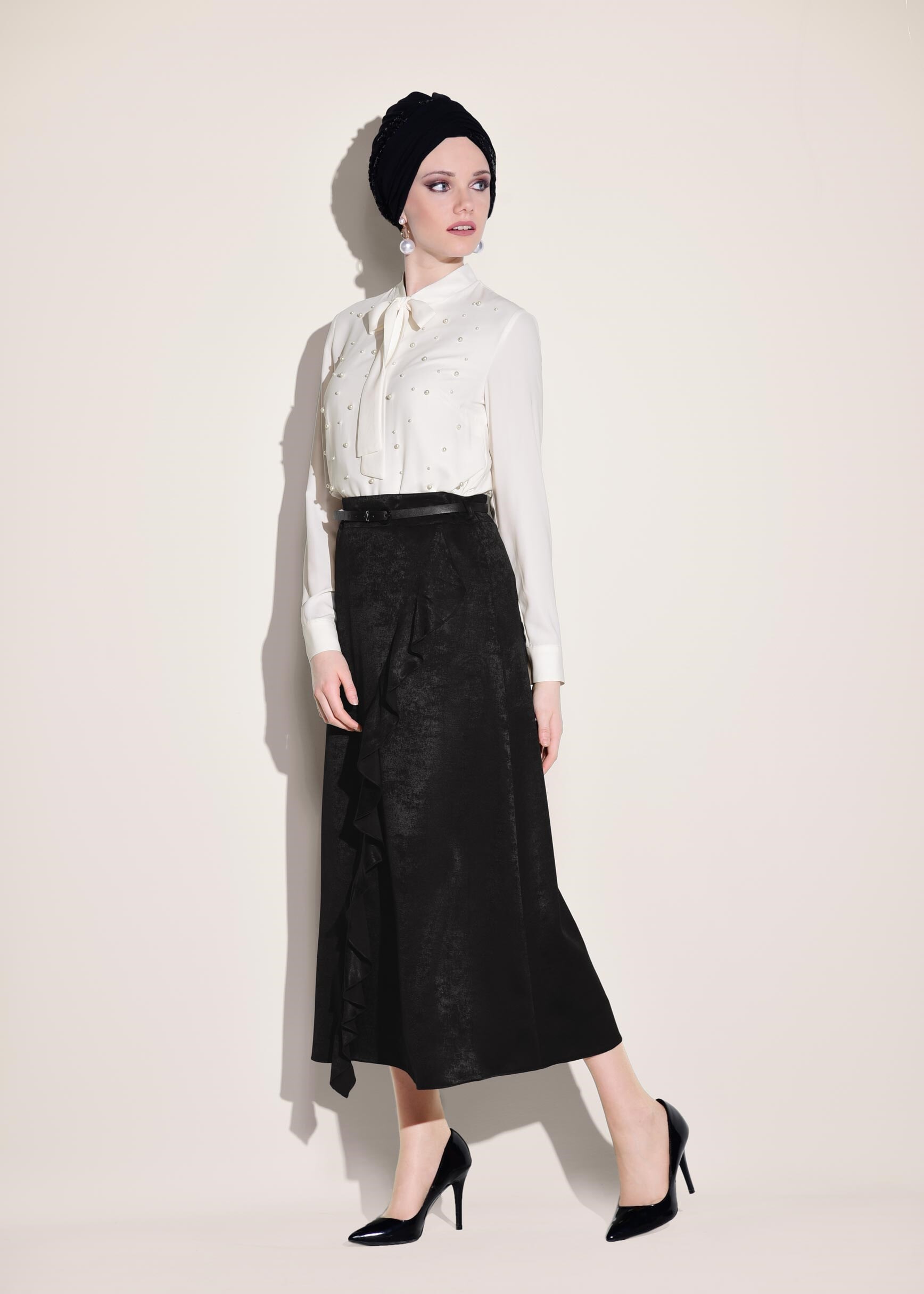 Tesettür giyim SİYAH FIRFIRLI ETEK 6164