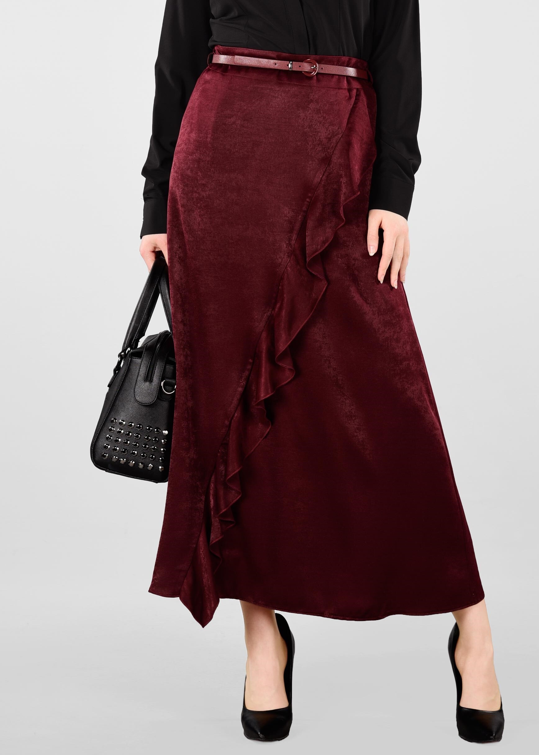 Tesettür giyim BORDO FIRFIRLI ETEK 6164