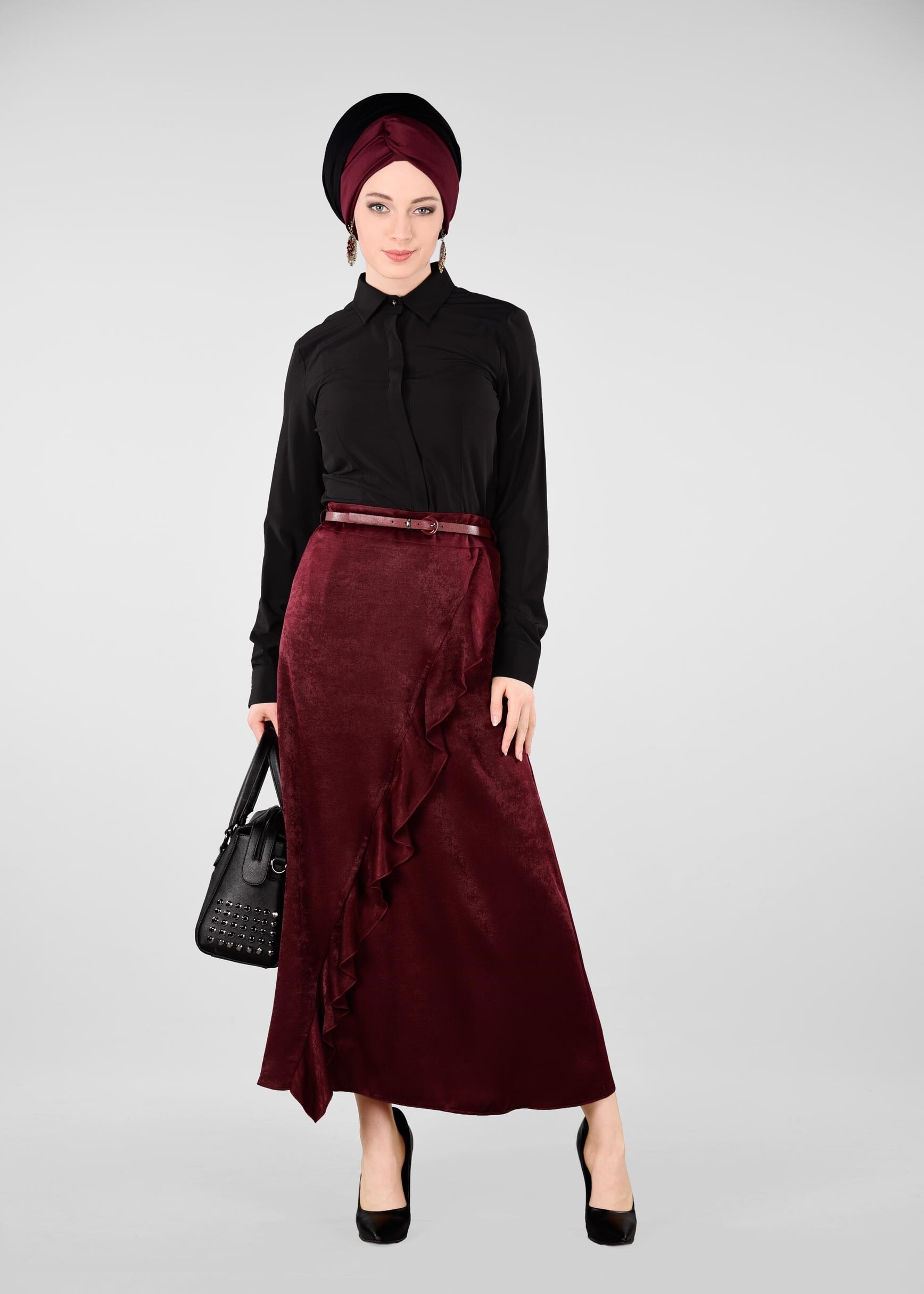 Tesettür giyim BORDO FIRFIRLI ETEK 6164
