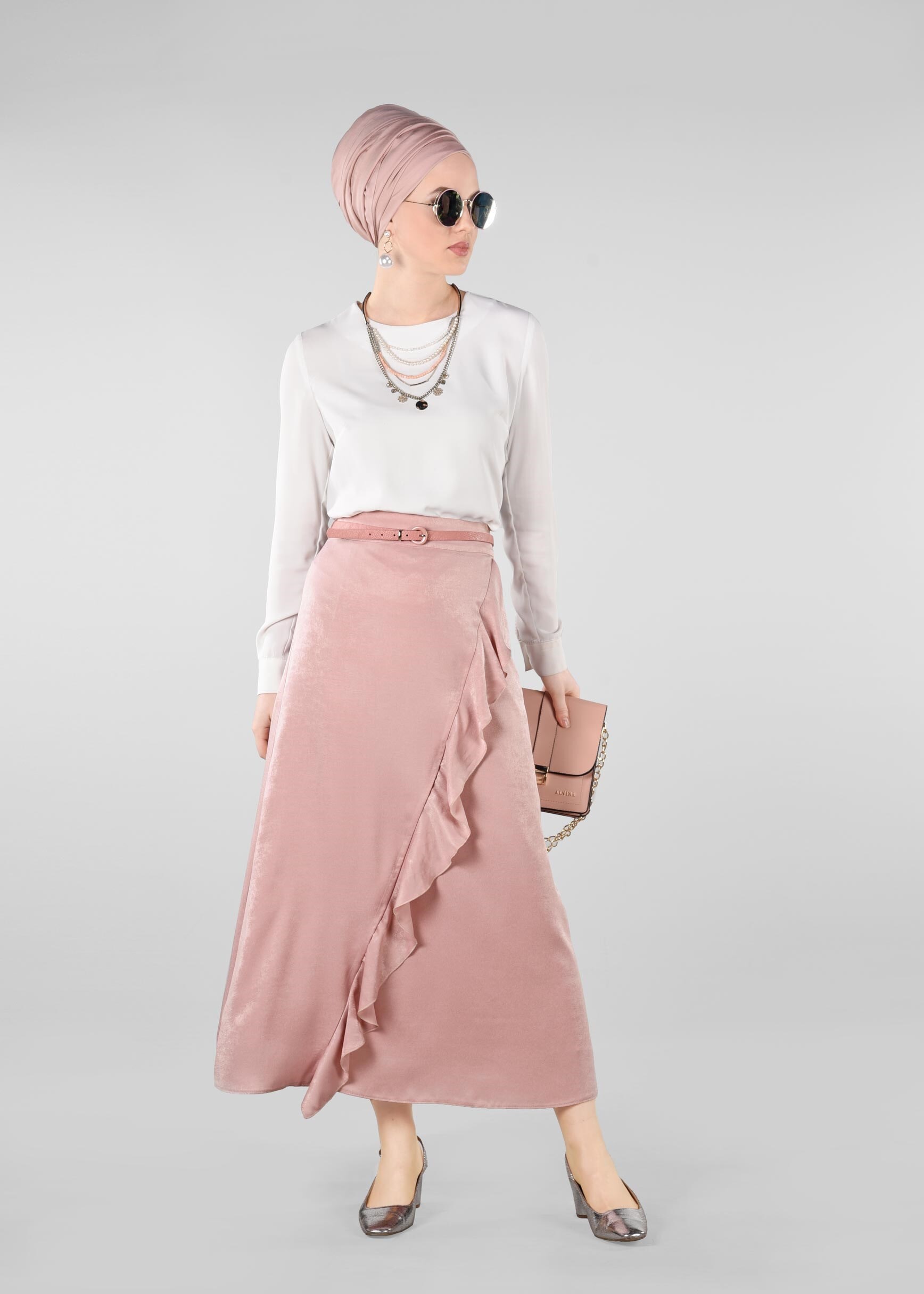 Tesettür giyim PUDRA FIRFIRLI ETEK 6164