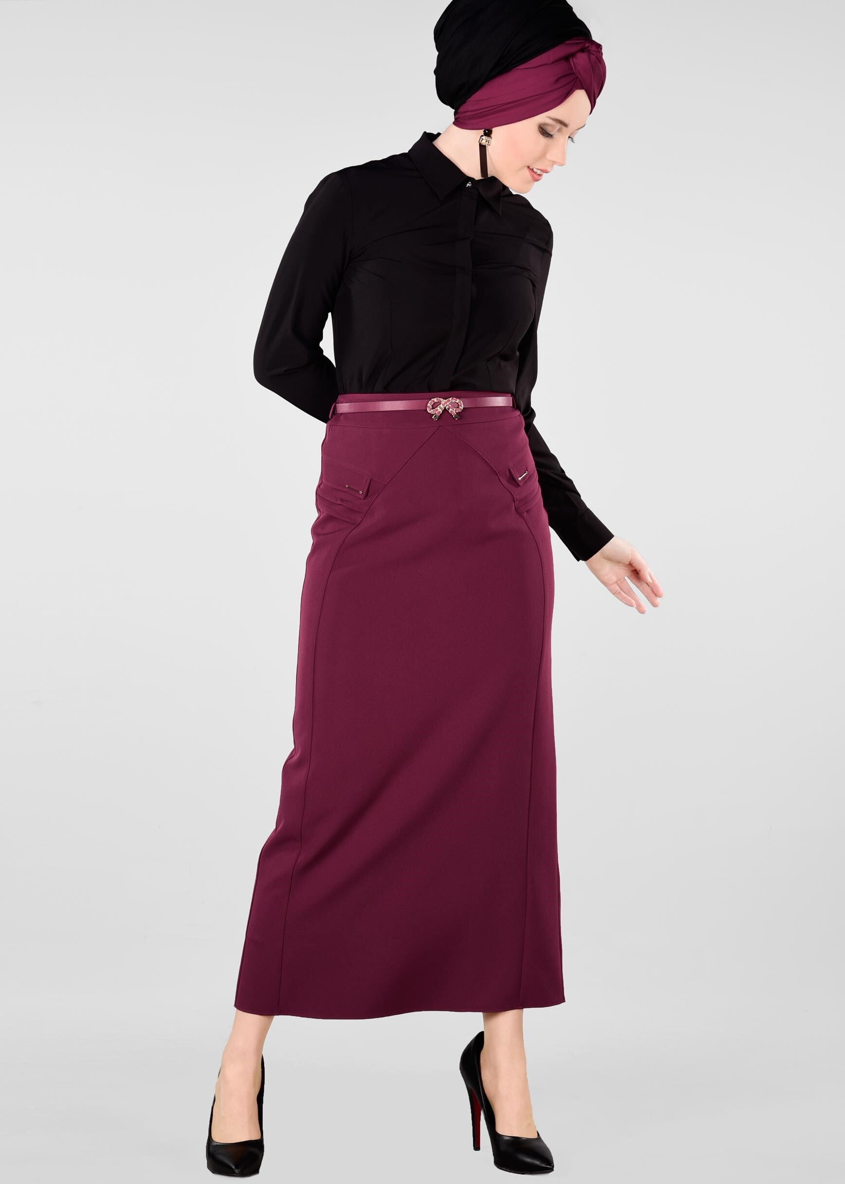 Tesettür giyim MOR GİZLİ YIRTMAÇLI ETEK 6165