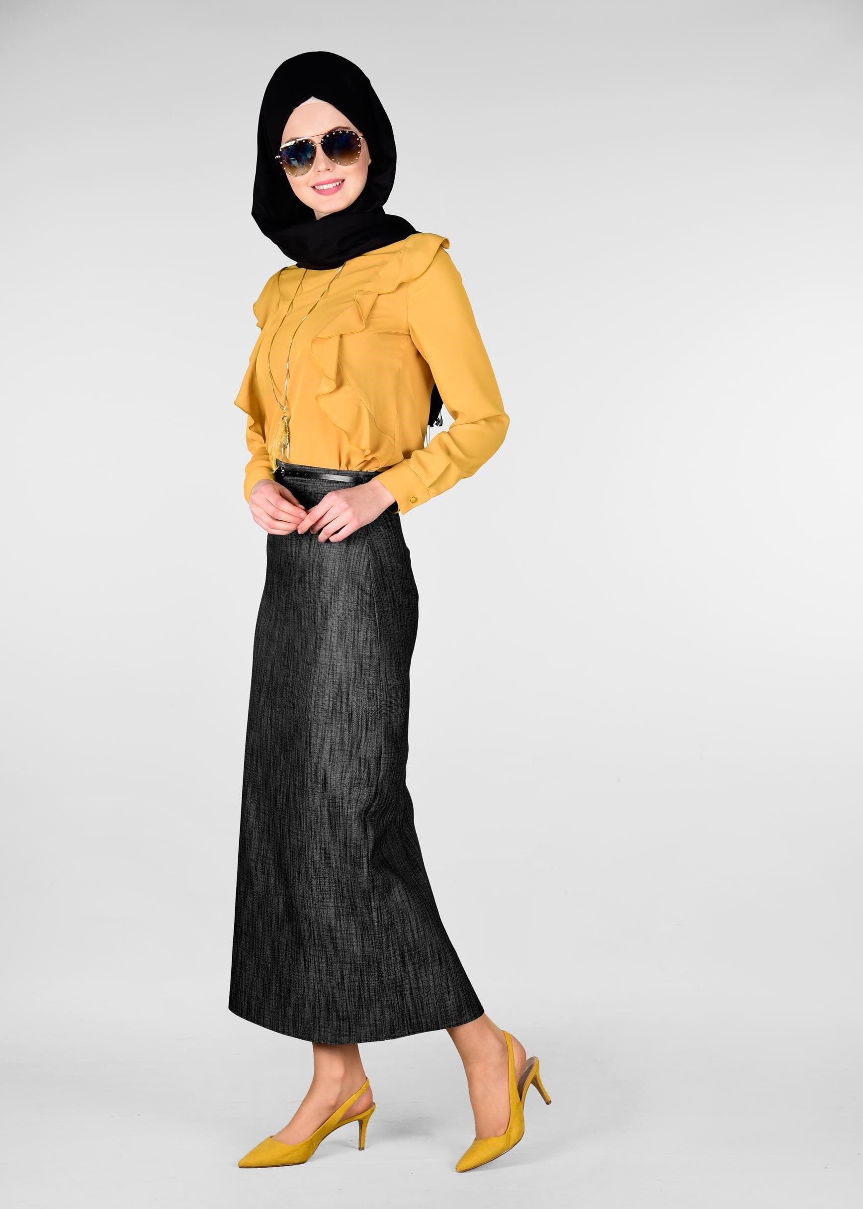 Tesettür giyim SİYAH DESENLİ GİZLİ YIRTMAÇLI ETEK 6166