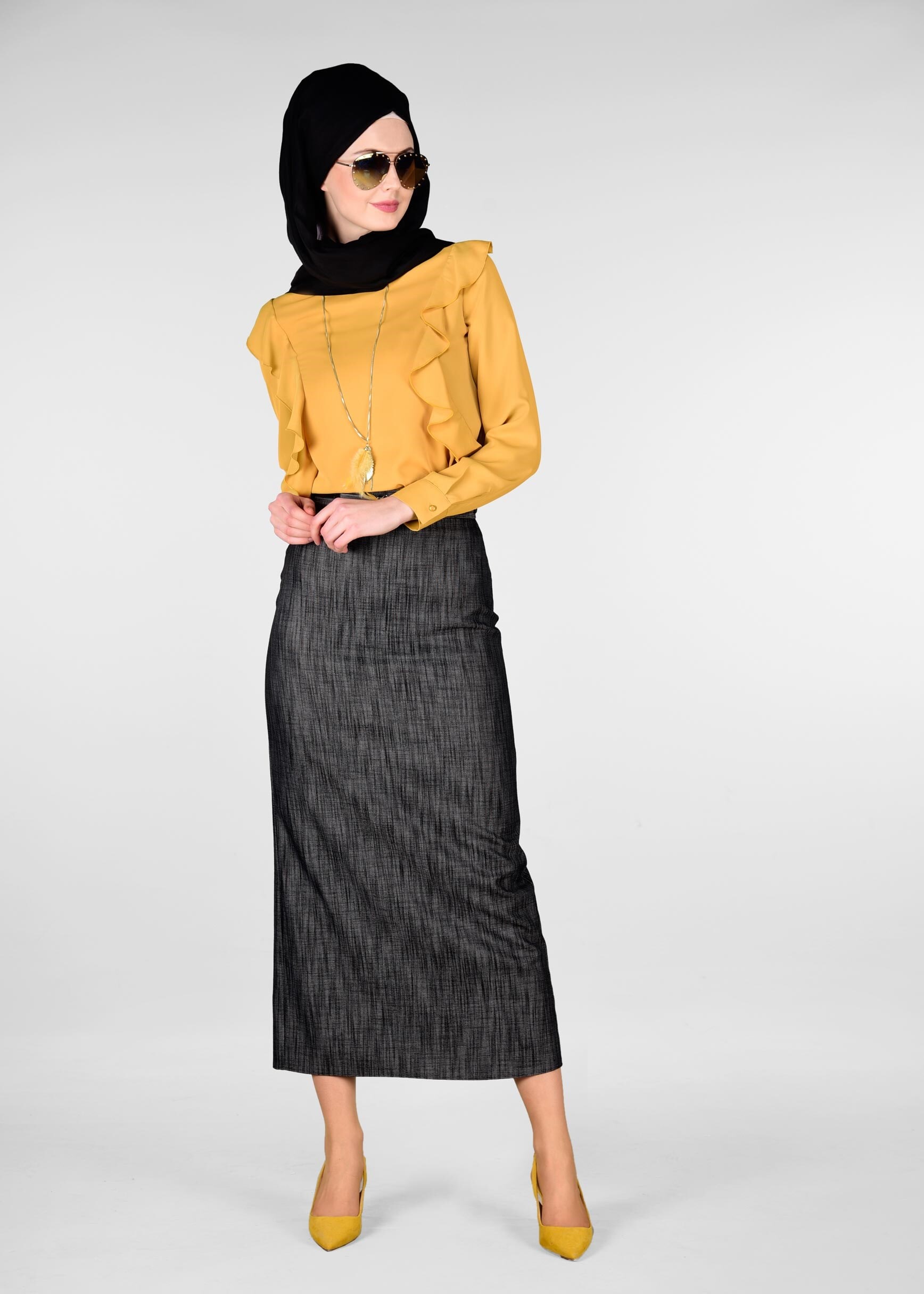 Tesettür giyim SİYAH DESENLİ GİZLİ YIRTMAÇLI ETEK 6166