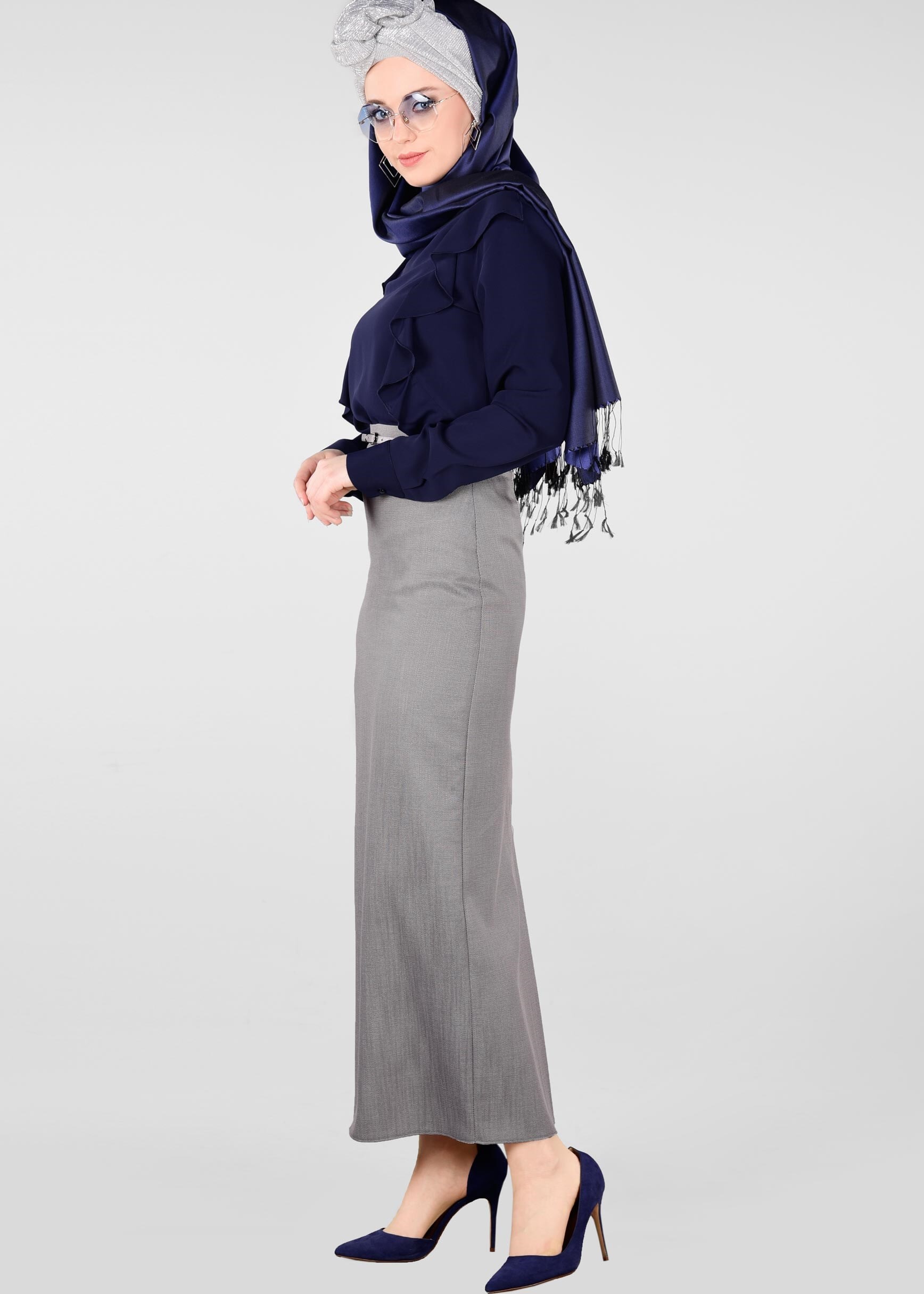 Tesettür giyim GRİ DESENLİ GİZLİ YIRTMAÇLI ETEK 6166