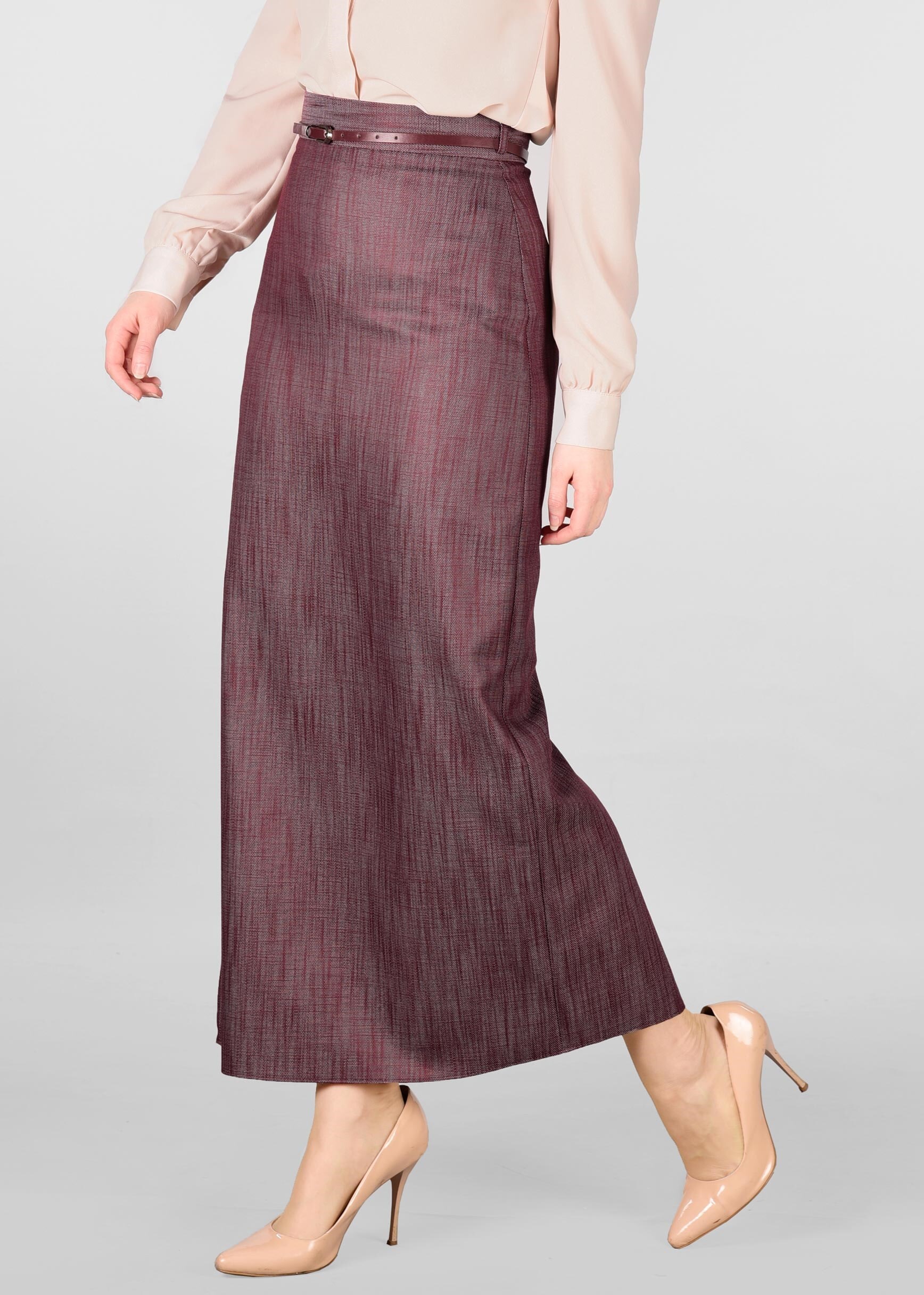 Tesettür giyim BORDO DESENLİ GİZLİ YIRTMAÇLI ETEK 6166