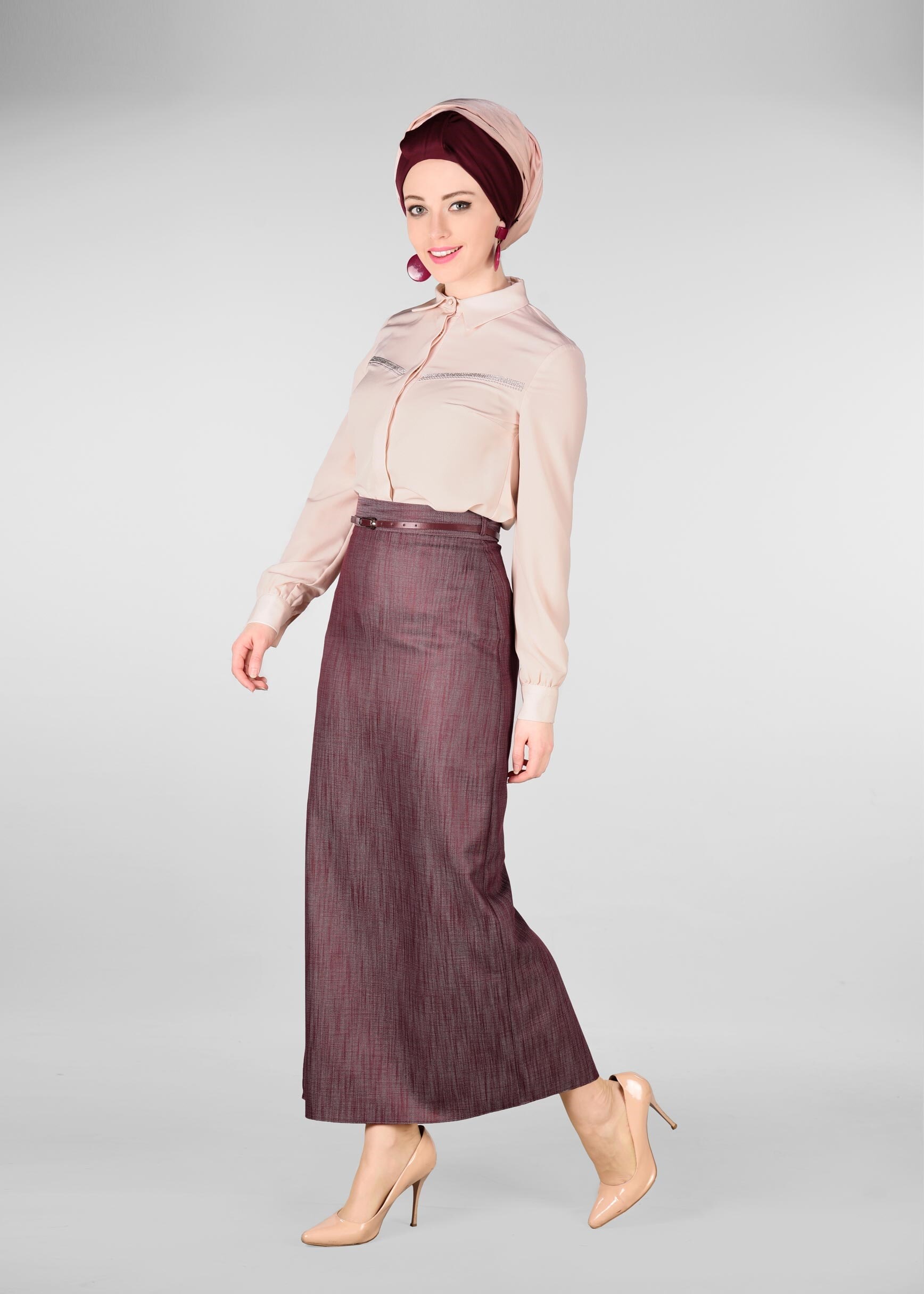 Tesettür giyim BORDO DESENLİ GİZLİ YIRTMAÇLI ETEK 6166