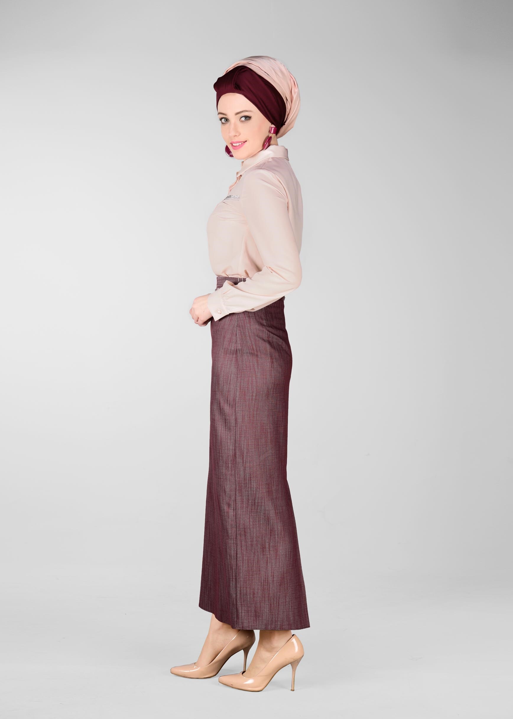 Tesettür giyim BORDO DESENLİ GİZLİ YIRTMAÇLI ETEK 6166