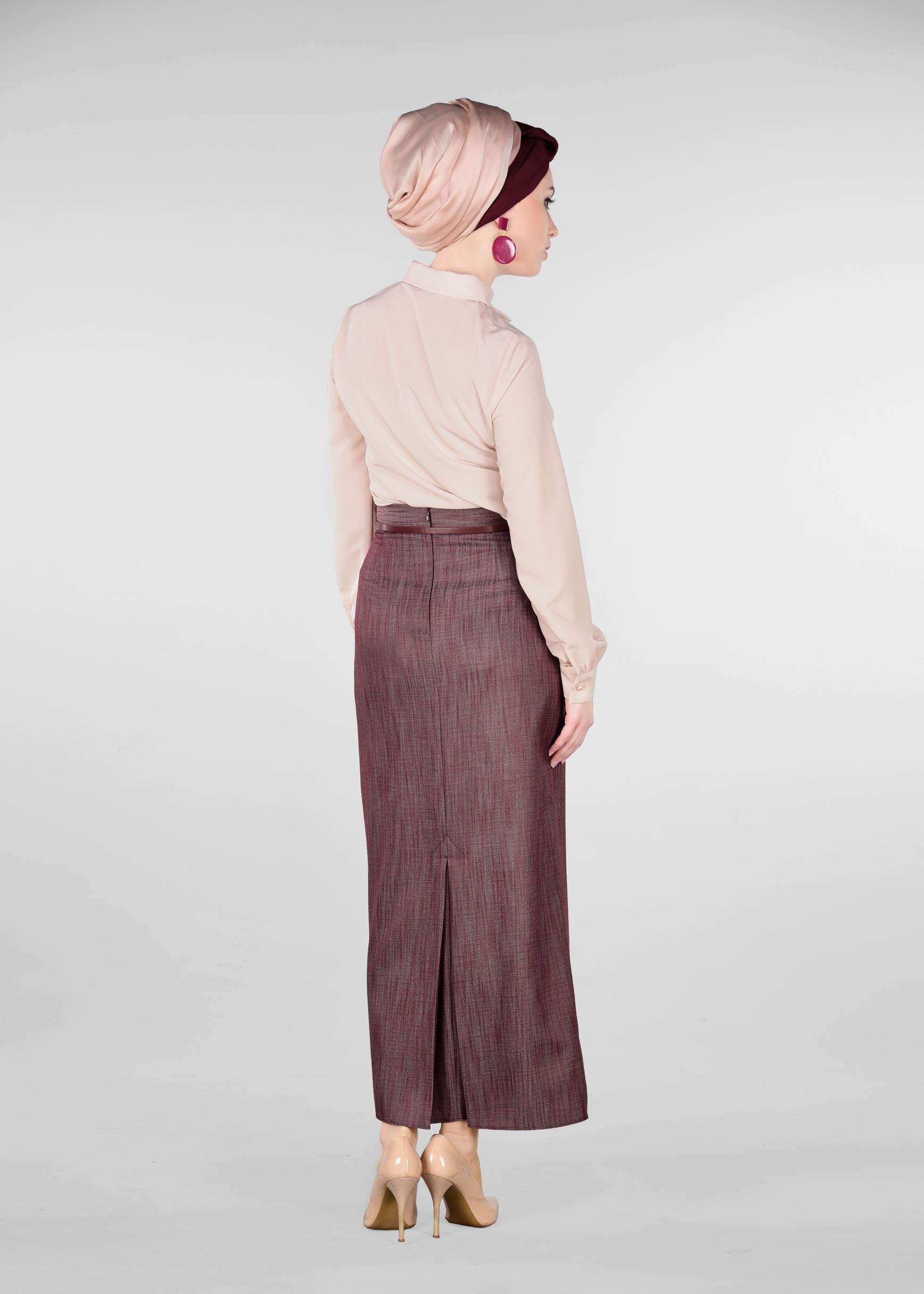 Tesettür giyim BORDO DESENLİ GİZLİ YIRTMAÇLI ETEK 6166