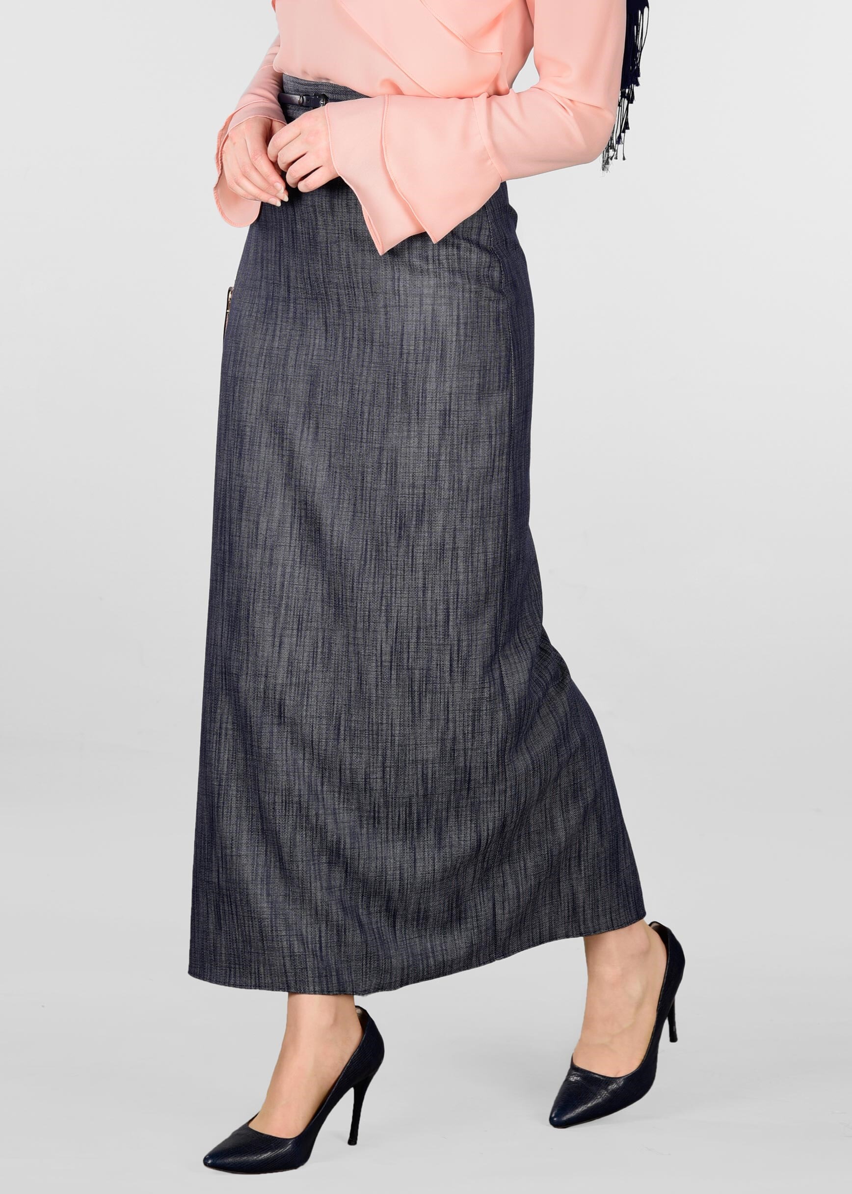 Tesettür giyim LACİVERT DESENLİ GİZLİ YIRTMAÇLI ETEK 6166